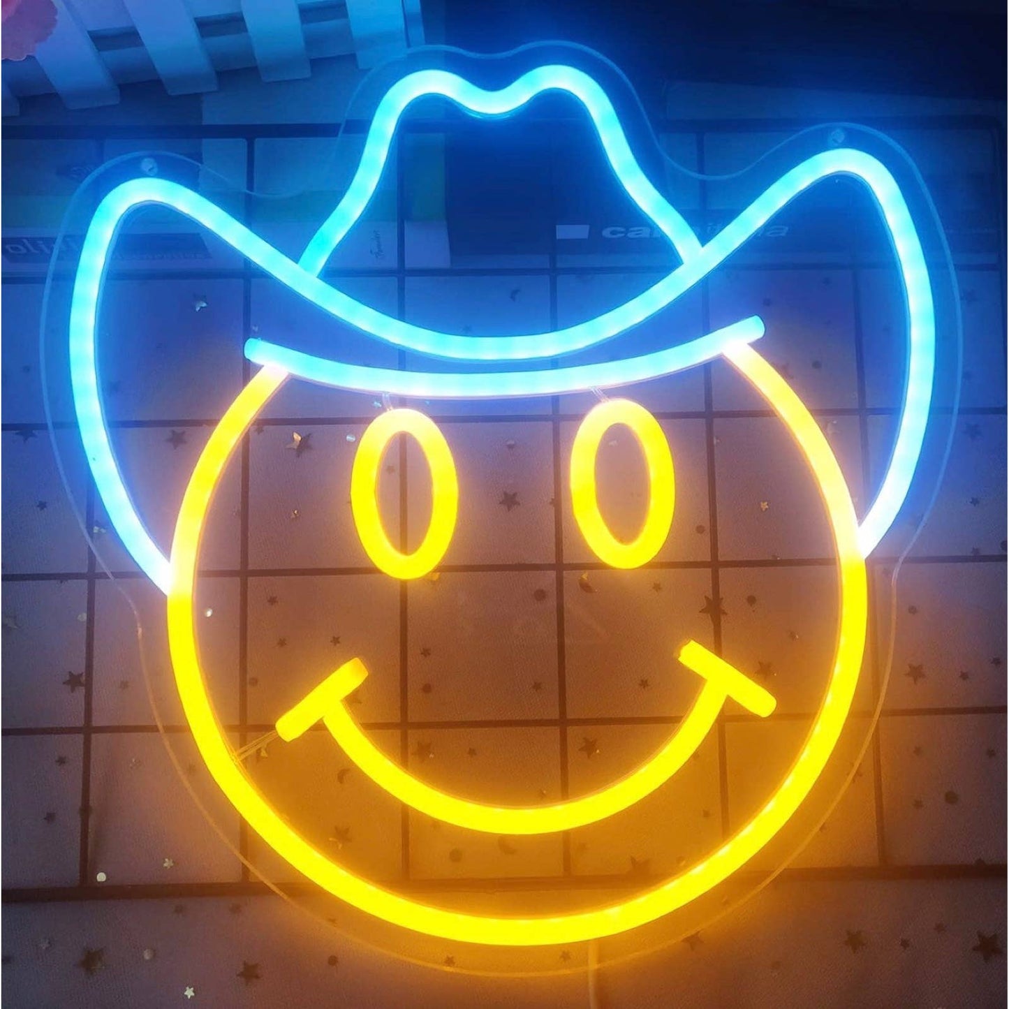 Fun Bright Yellow Smiley Face w Blue Cowboy Hat LED Night Light Room Wall Decor