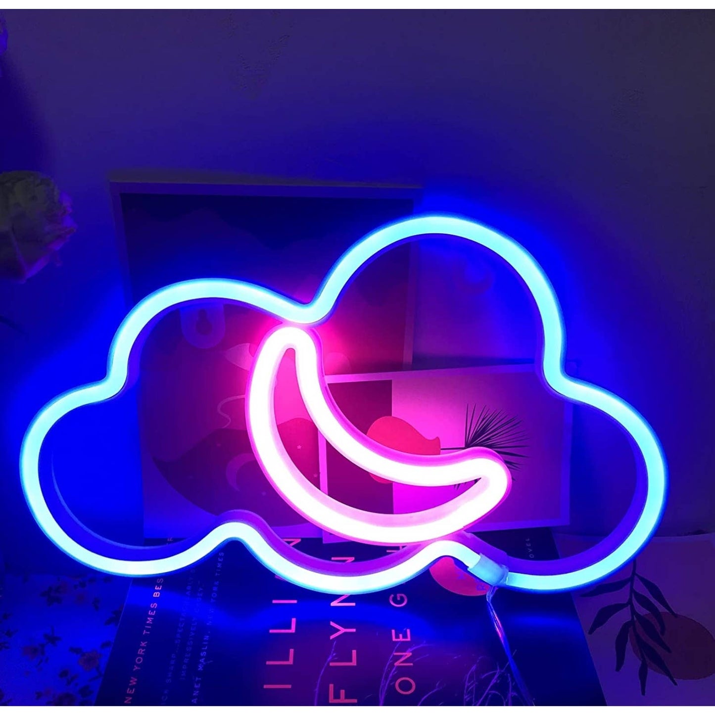 Adorable Bright Pink / Blue Moon Inside Cloud LED Night Light Room Wall Decor