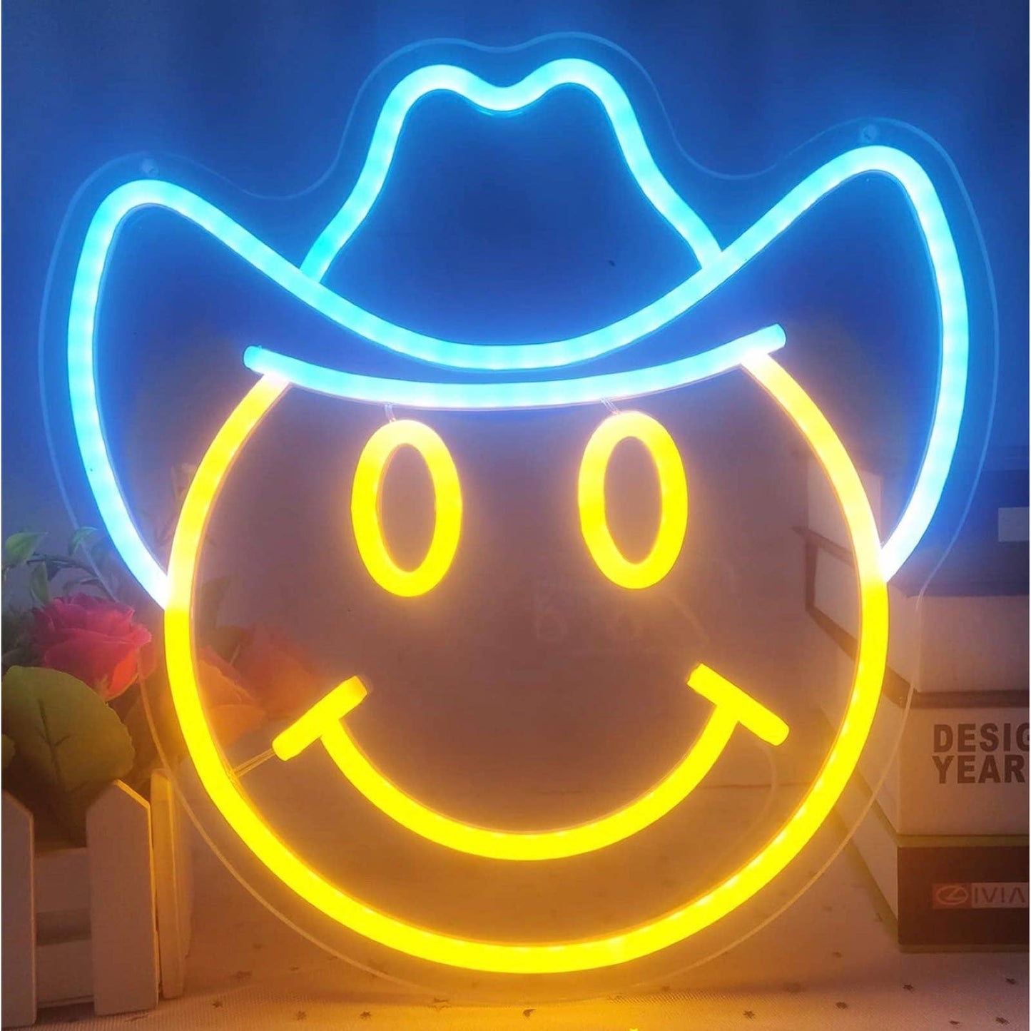 Fun Bright Yellow Smiley Face w Blue Cowboy Hat LED Night Light Room Wall Decor