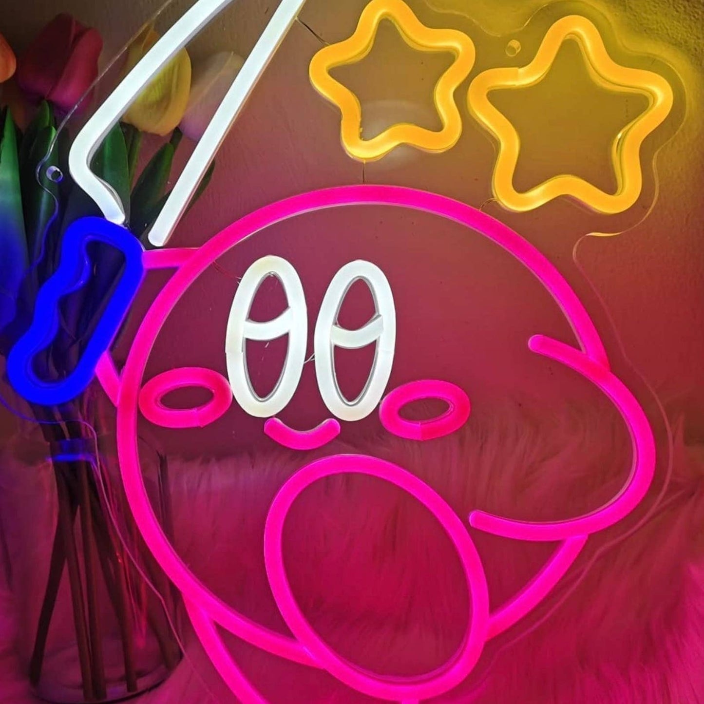 Cute Fun Bright Kirby with Knife Under Stars LED Night Light Video Game Decorati