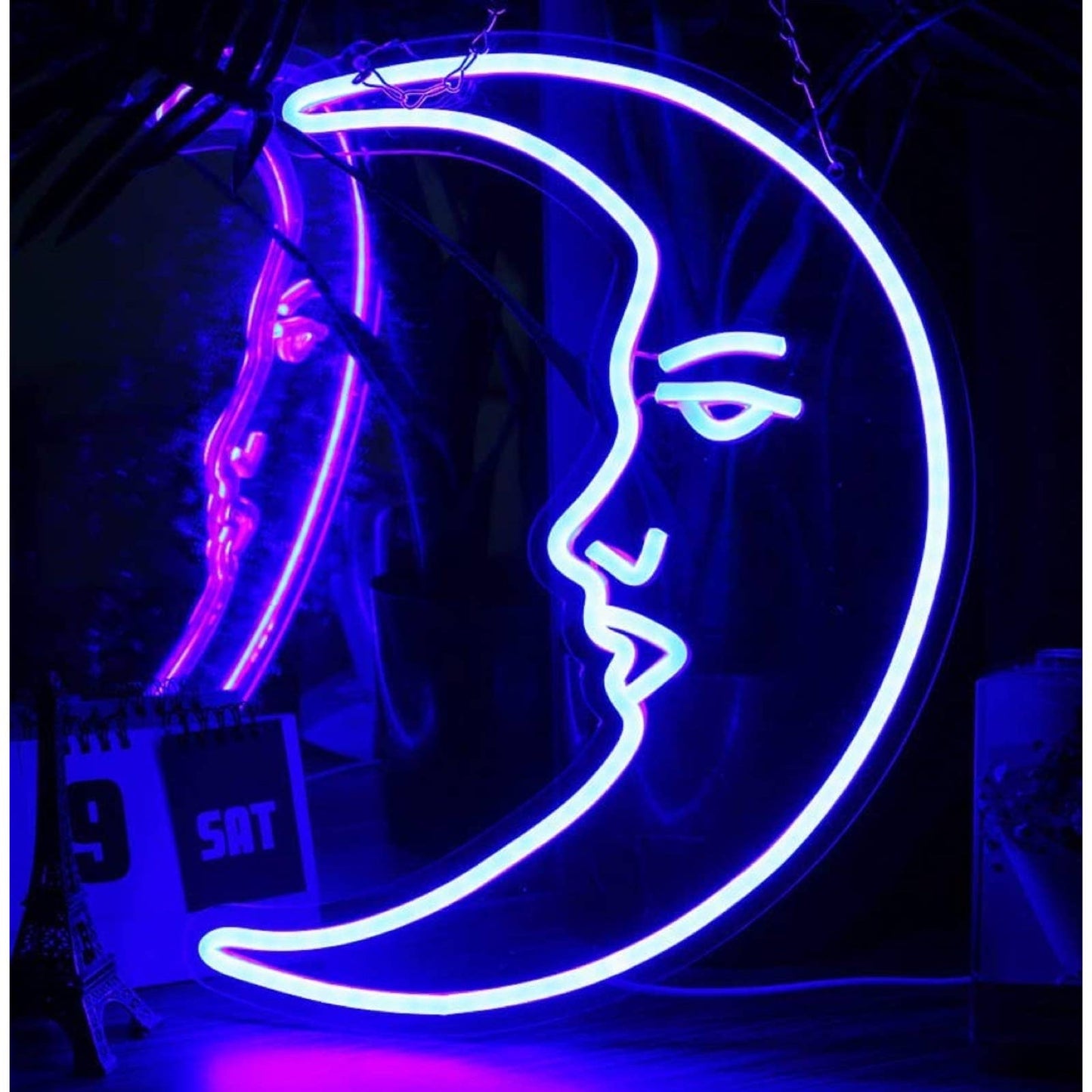 Lovely Bright Purple Moon with a Face LED Night Light Room Wall Decor