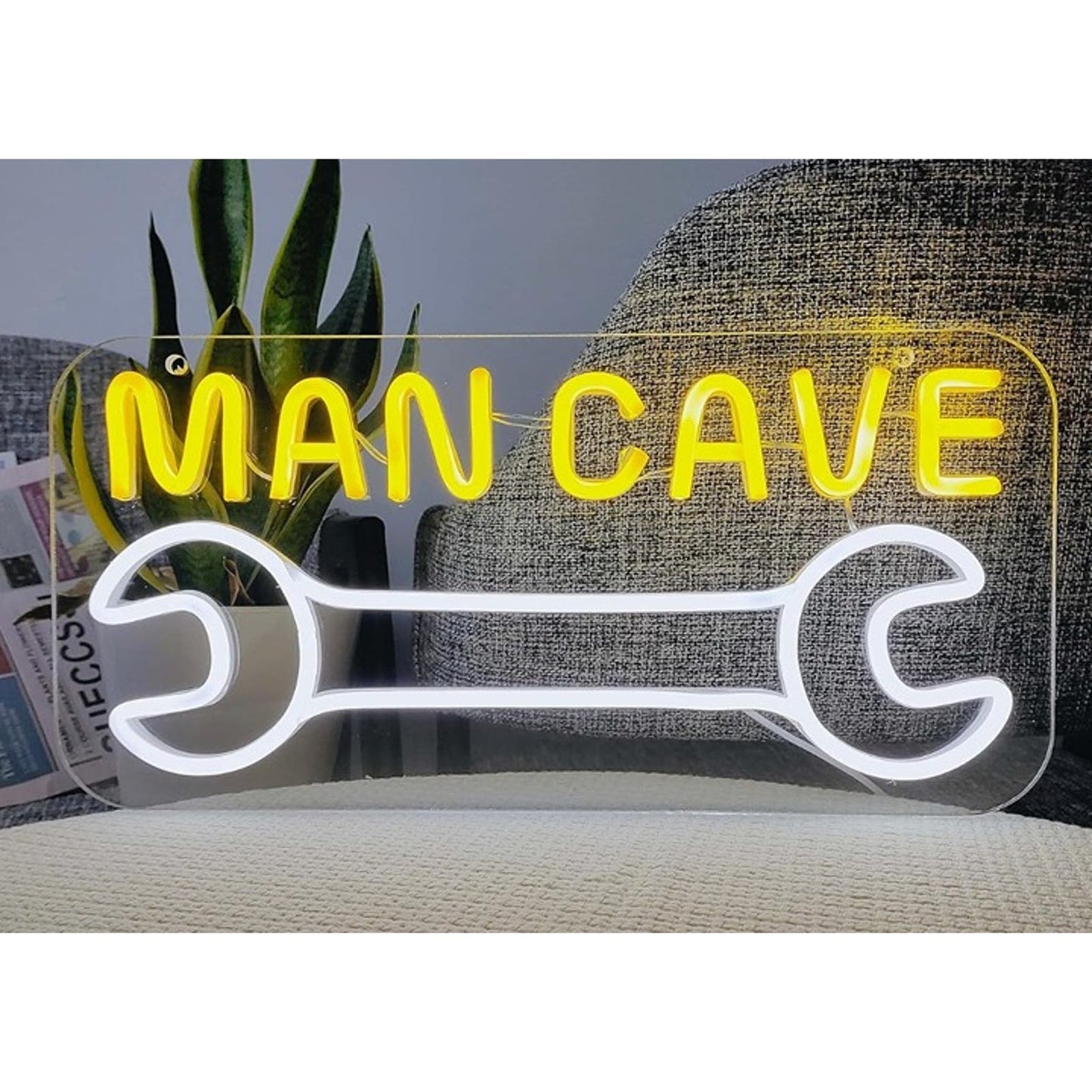 Vivid Bright Yellow/White Man Cave Wrench LED Night Light Sign Garage Decor