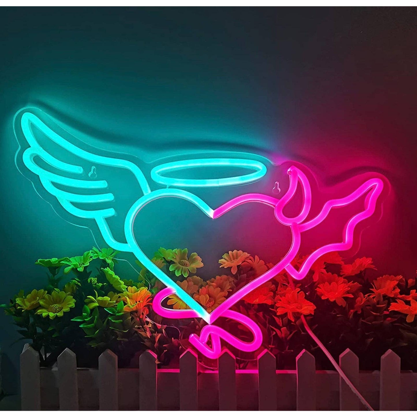Lovely Bright Blue / Pink Angel Wing & Devil Heart LED Night Light Room Wall Dec
