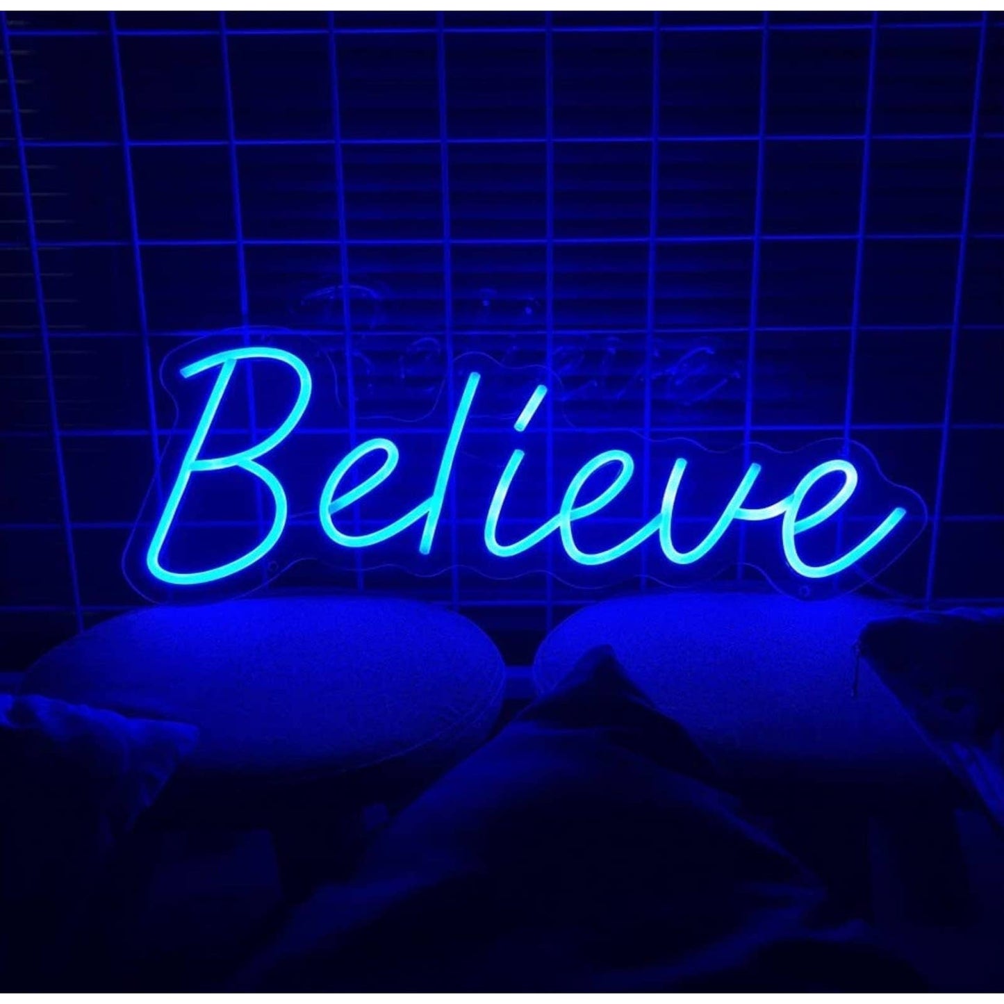 Large Bright Blue “Believe” LED Night Light Wall Room Motivation Decoration