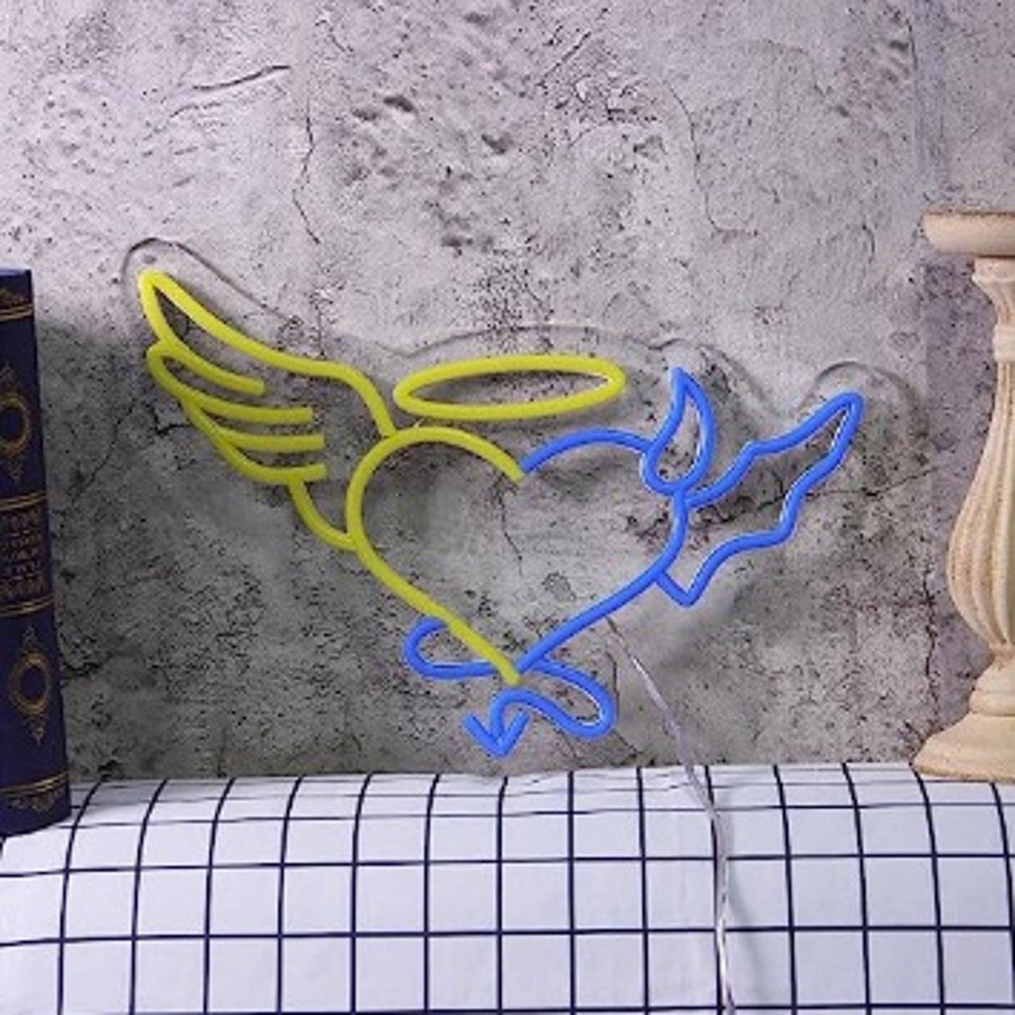 Lovely Bright Blue / Yellow Angel Wing Devil Heart LED Night Light Room Wall Dec