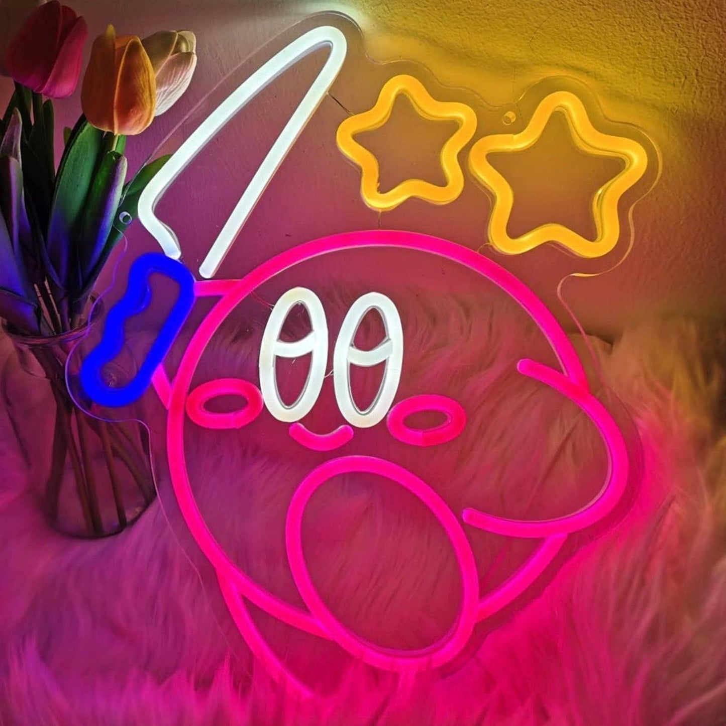 Cute Fun Bright Kirby with Knife Under Stars LED Night Light Video Game Decorati