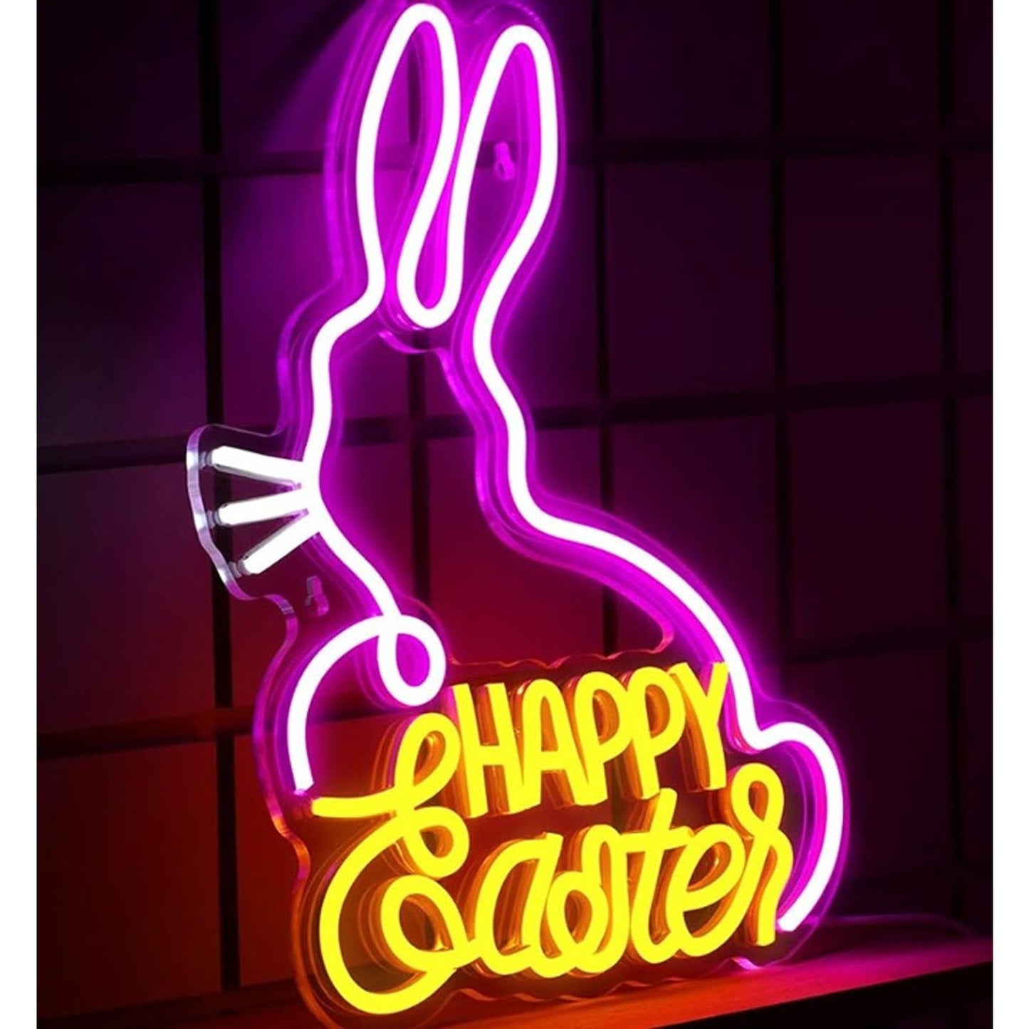 Lovely Bright Pink/Yellow Happy Easter Bunny Rabbit LED Light Room Wall Decor