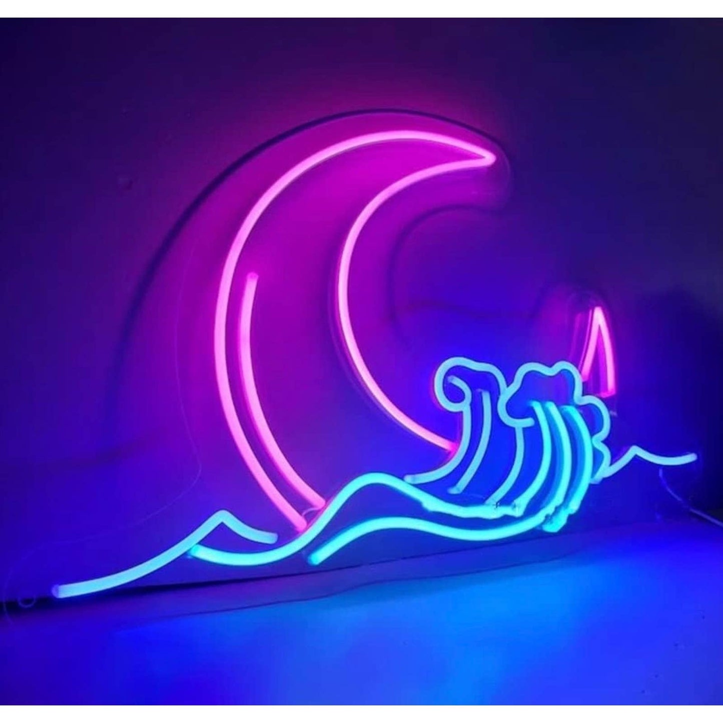 Lovely Bright Blue Wave Pink Crescent Moon LED Night Room Wall Decoration