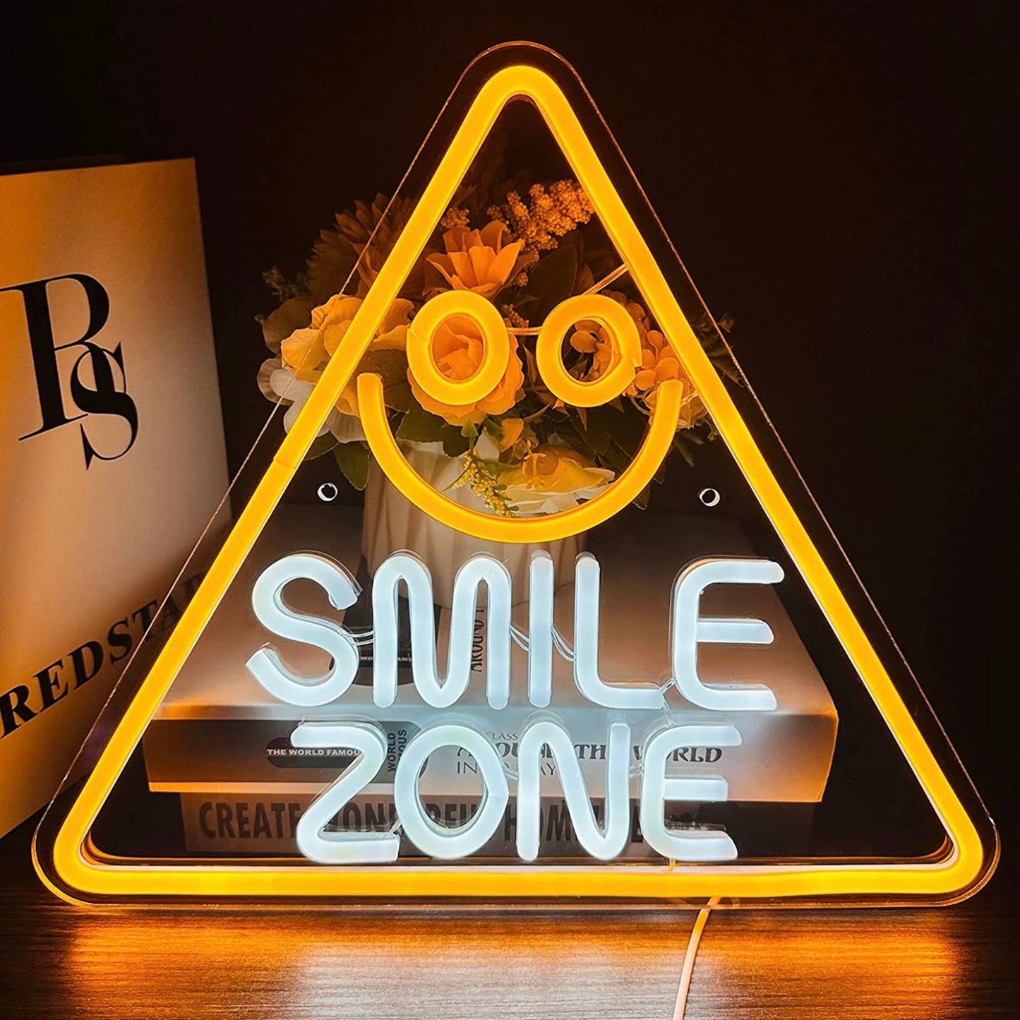 Fun Bright Yellow Smile Zone Pyramid LED Night Light Room Wall Decoration
