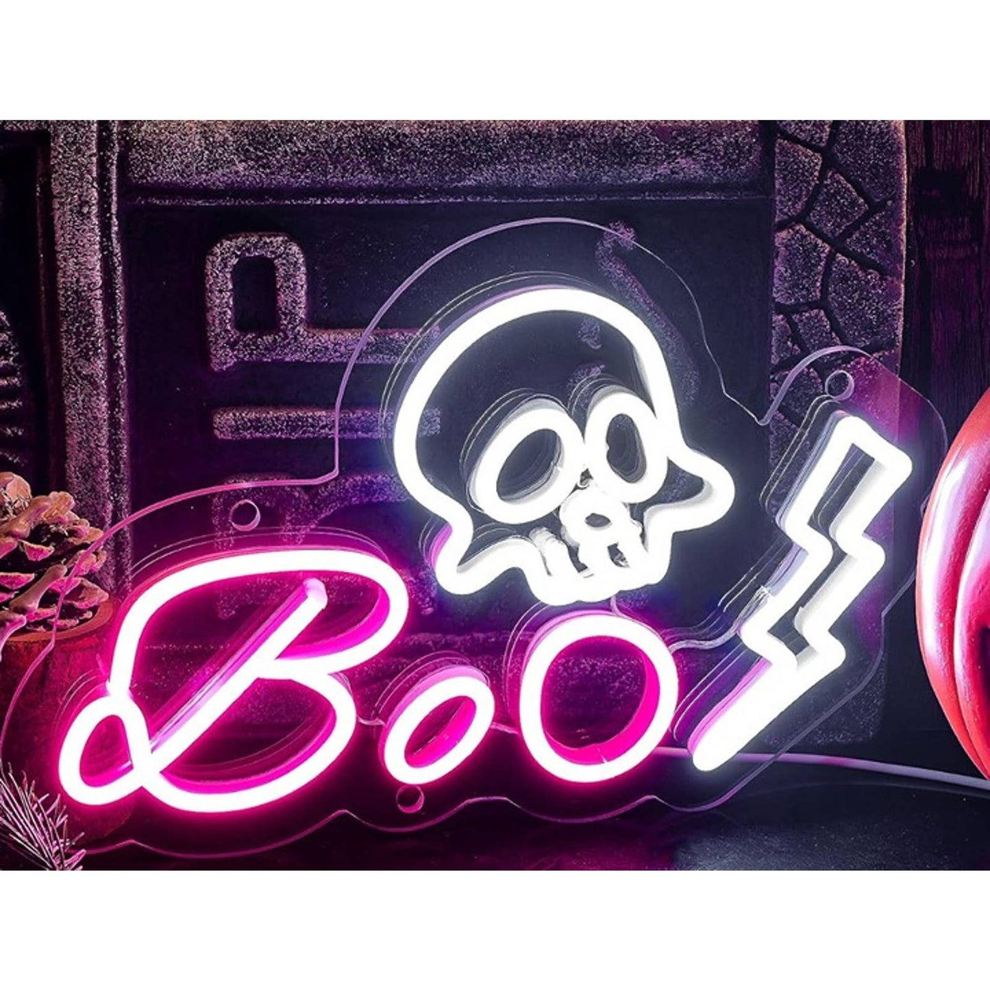 Fun Bright Pink BOO Skull Lightning Bolt LED Night. Light Halloween Decor