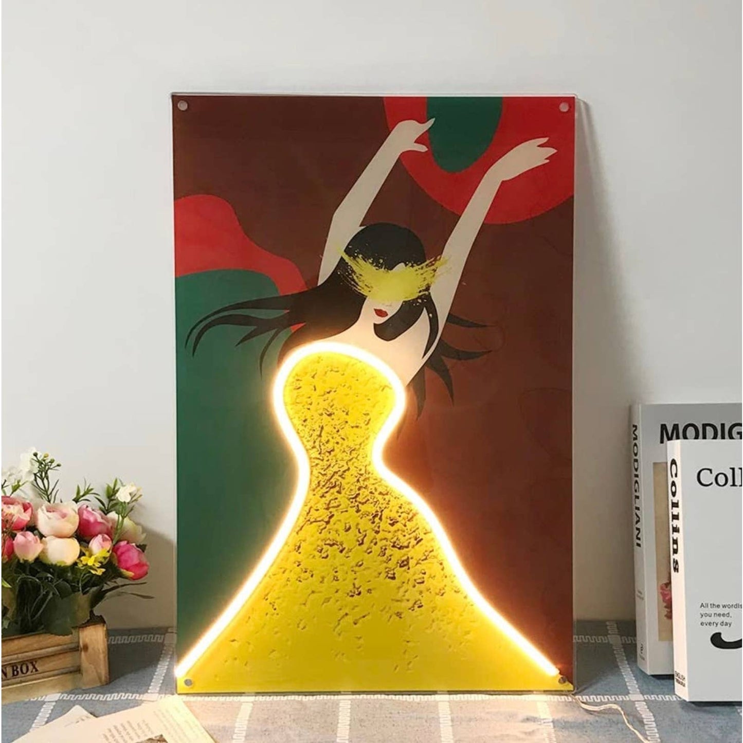 Lovely Bright Beautiful Woman in Yellow Dress LED Light Room Wall Art Decoration