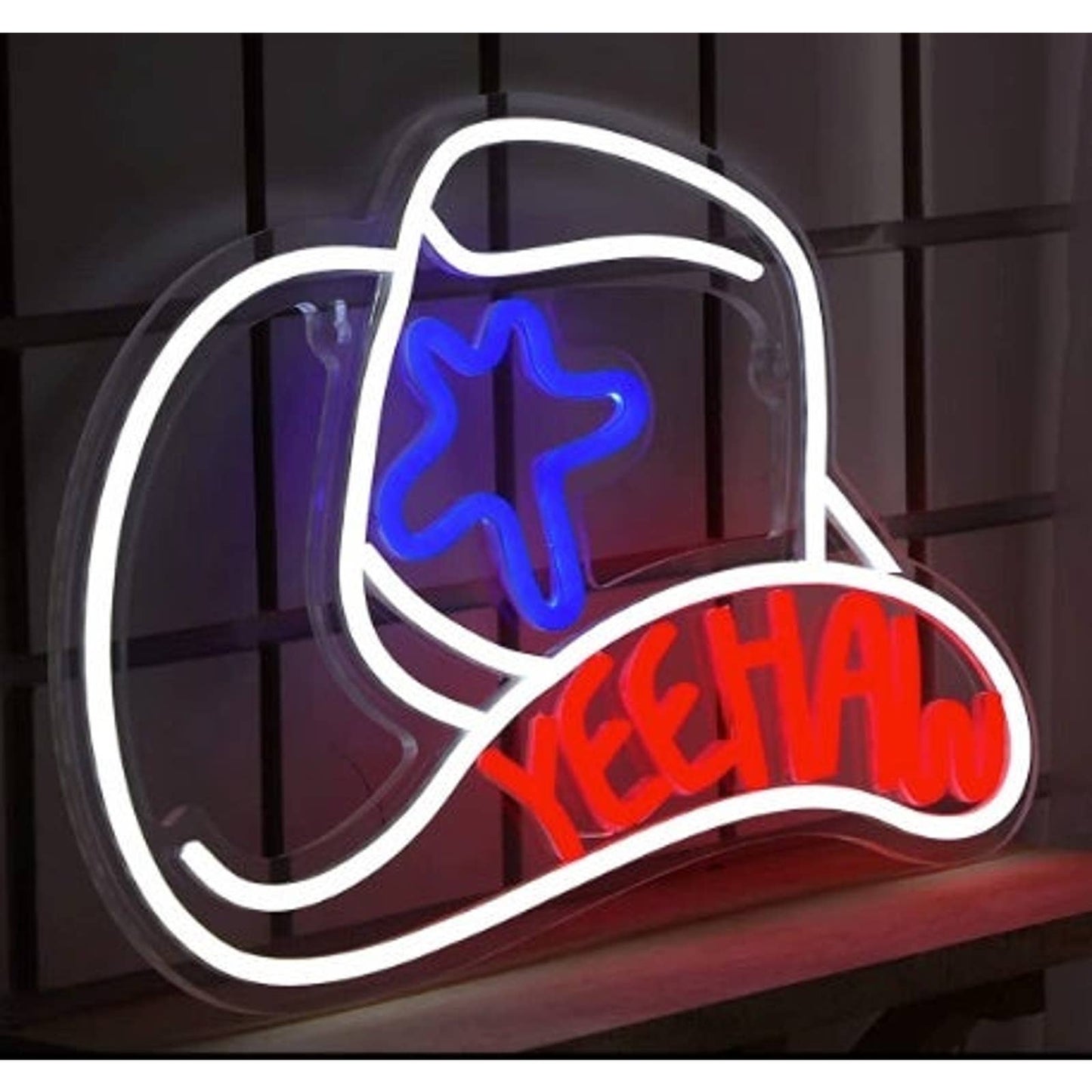 Fun Bright Red White & Blue Yeehaw Cowboy Hat LED Night Light Country Wall Decor