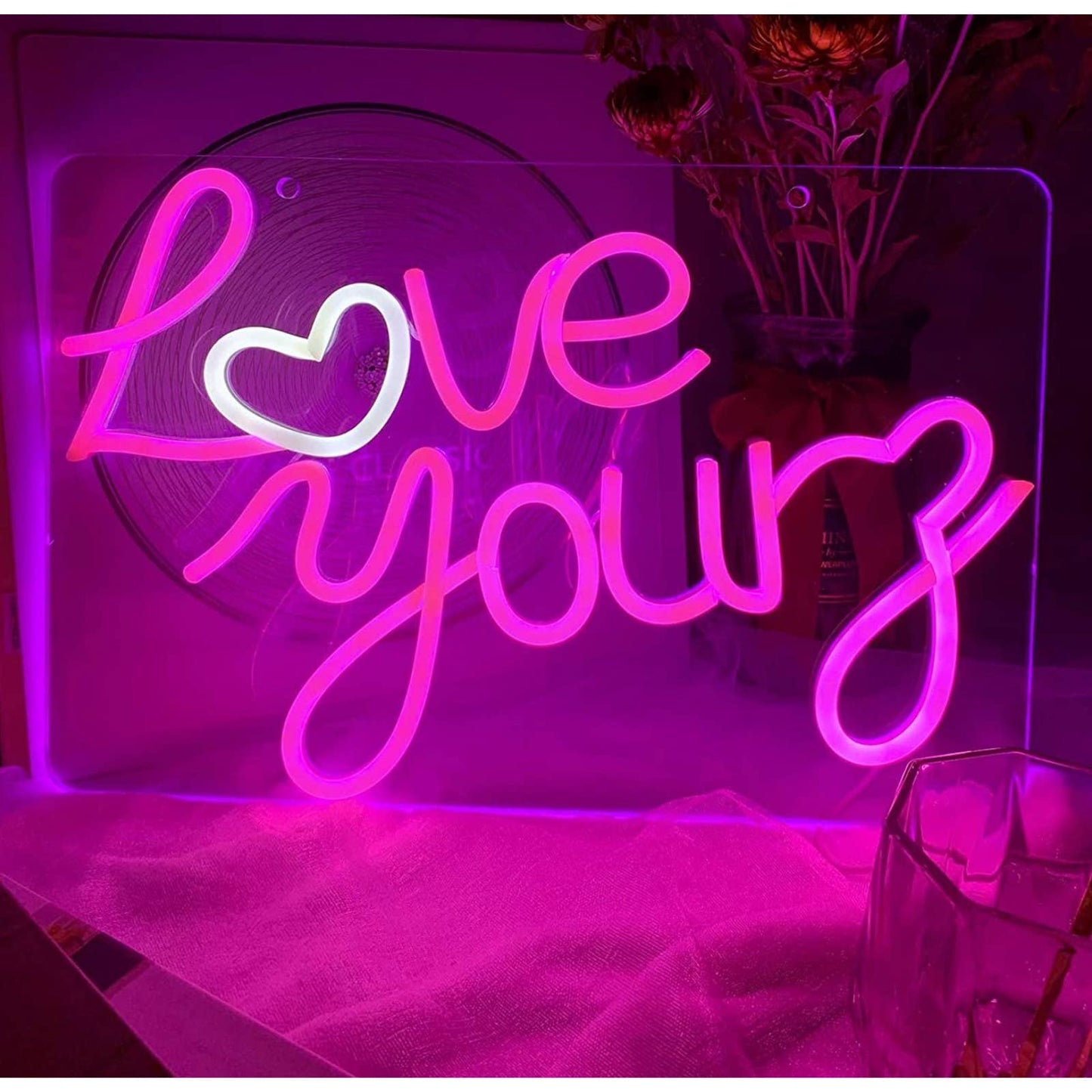 Lovely Bright Warm Pink “Love Yourz” White Heart LED Night Light Room Wall Decor