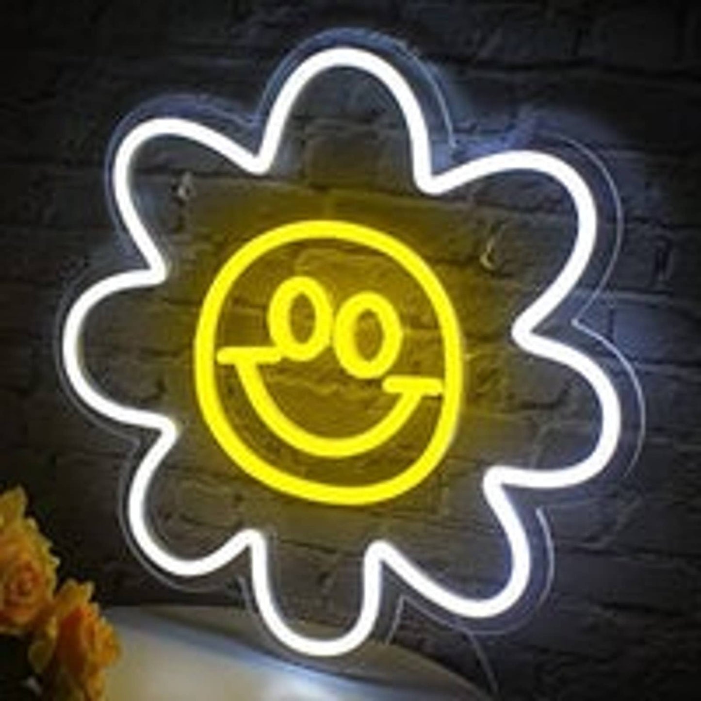 Adorable Bright Yellow Happy Face Flower LED Night Light Room Wall Decoration