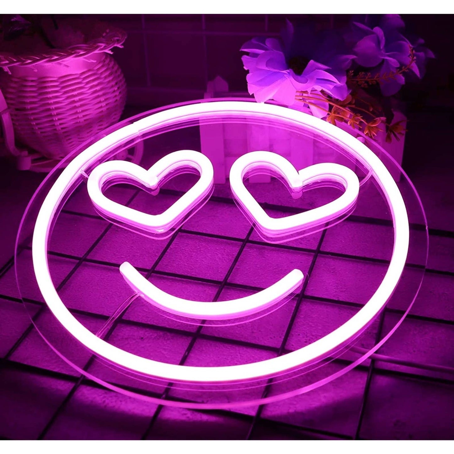 Adorable Bright Warm Pink Heart Eye Smiley Face LED Night Light Room Wall Decora