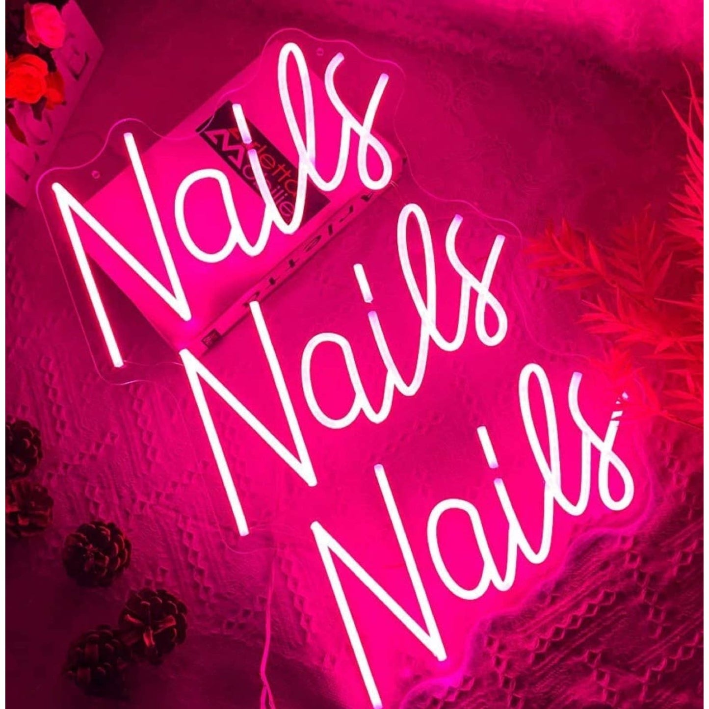 Lovely Large Bright Pink “Nails Nails Nails” LED Light Sign Room Wall Salon Deco