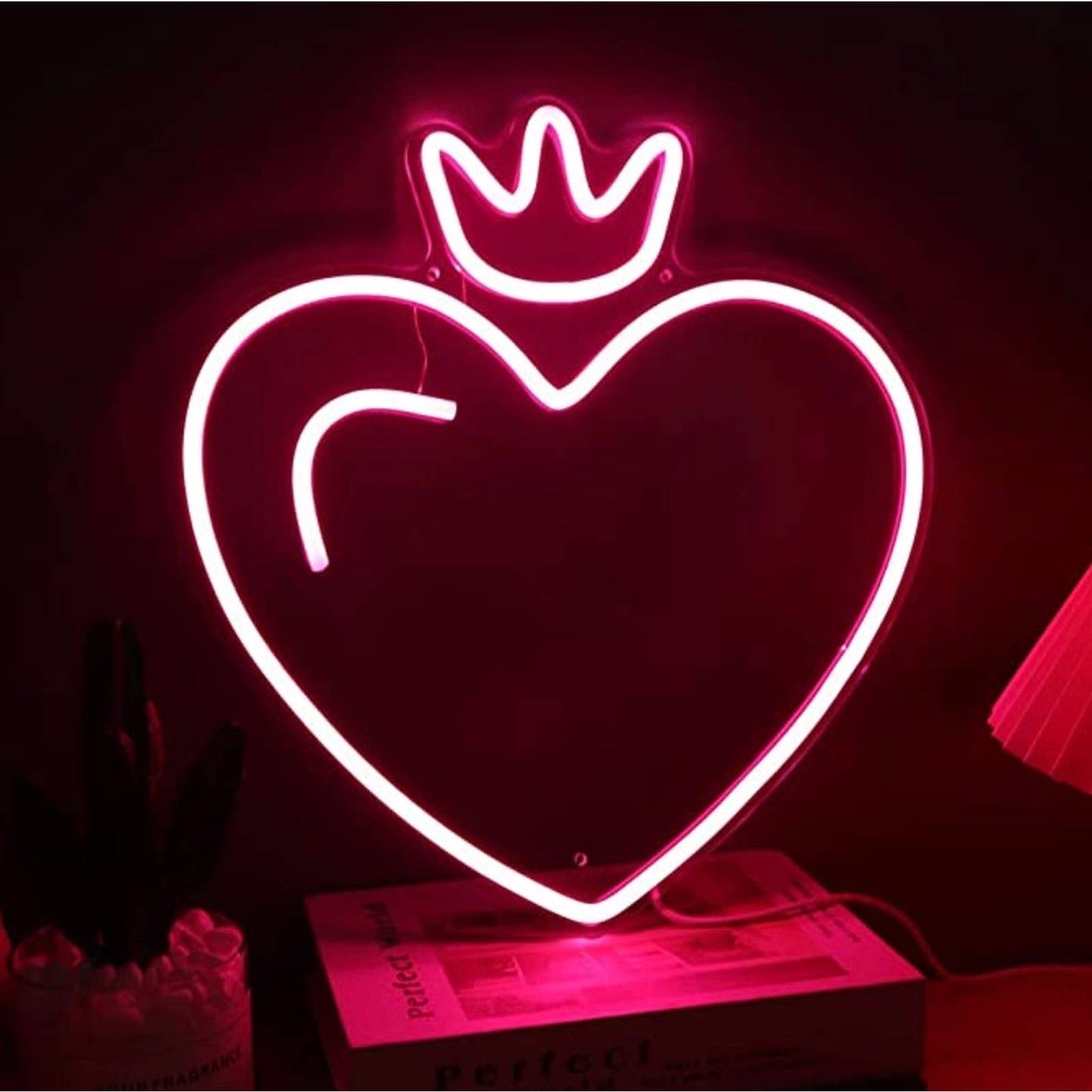 Lovely Vivid Bright Pink Heart Princess Queen Crown LED Night Light Room Wall De