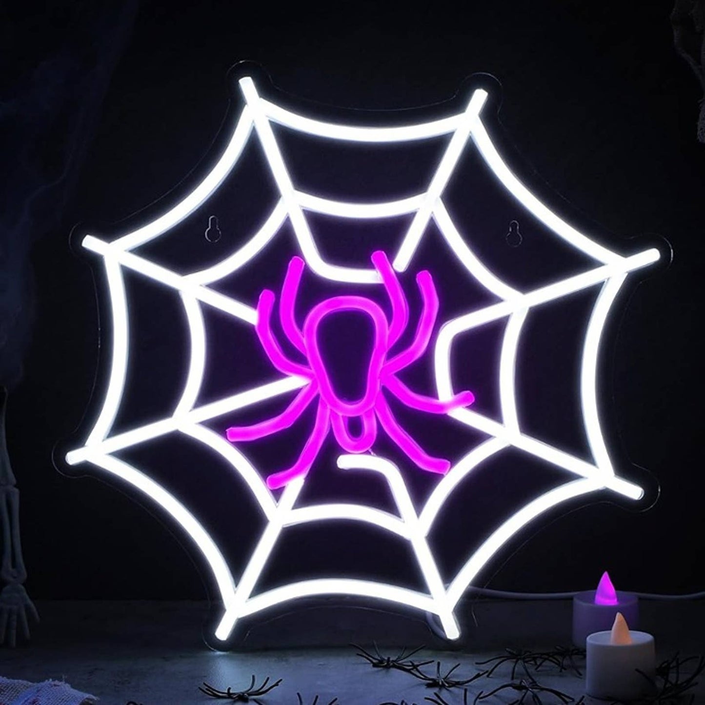Spooky Bright White / purple Spider on Web LED Night Light Halloween Decor