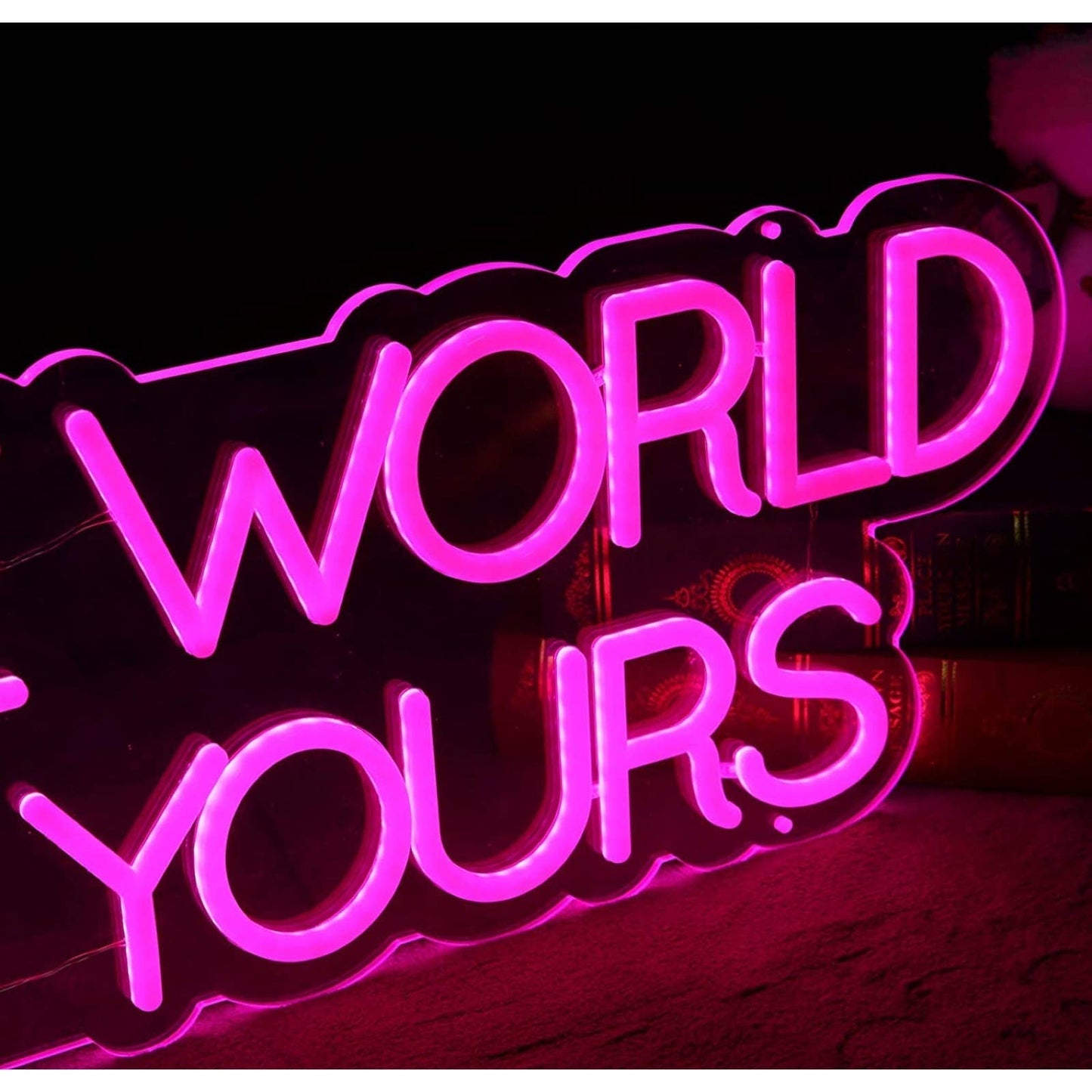 Lovely Bright Pink Empowering “The World is Yours” LED Night Light Room Wall Dec