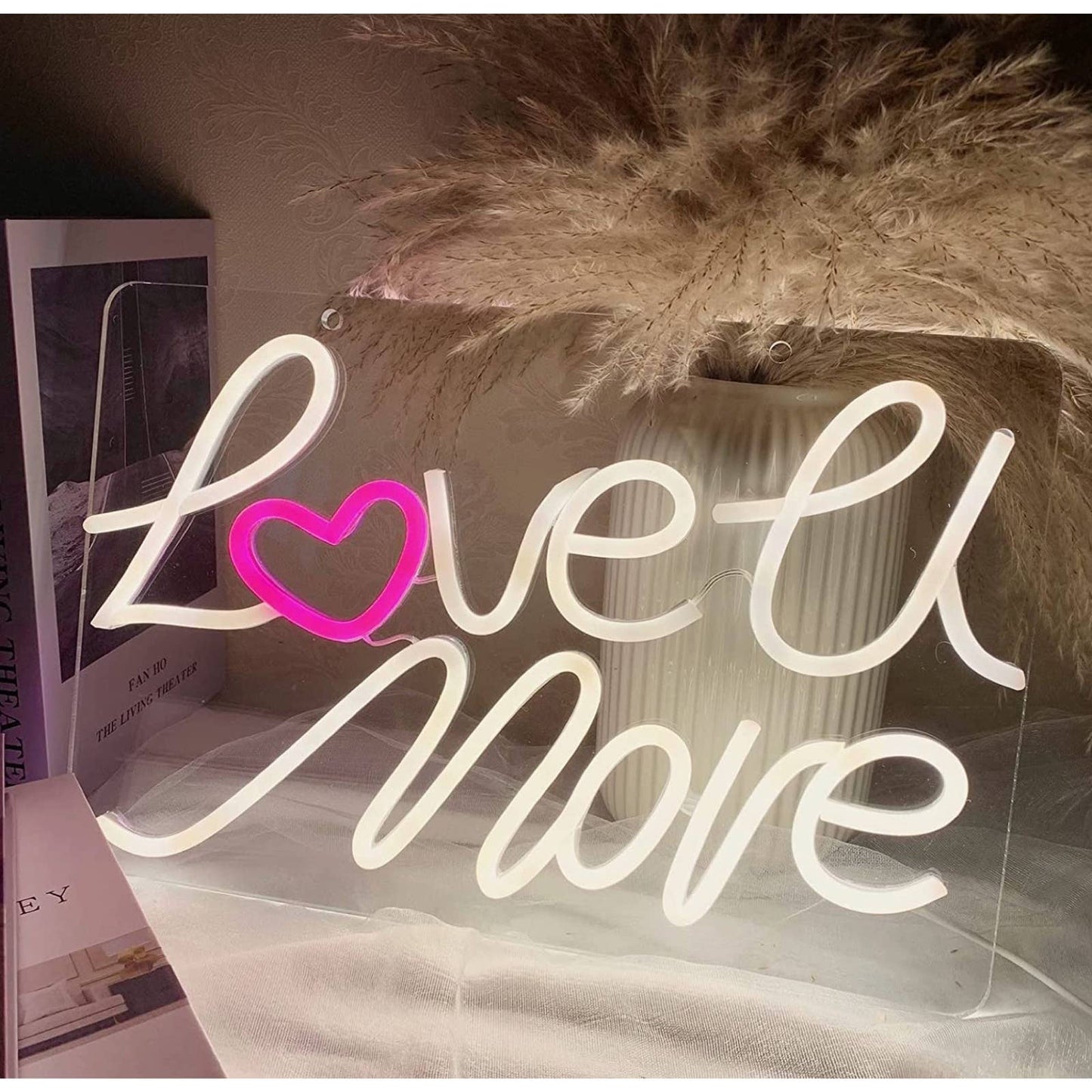 Lovely Bright Warm White “Love U More” Pink Heart LED Night Light Room Wall Deco