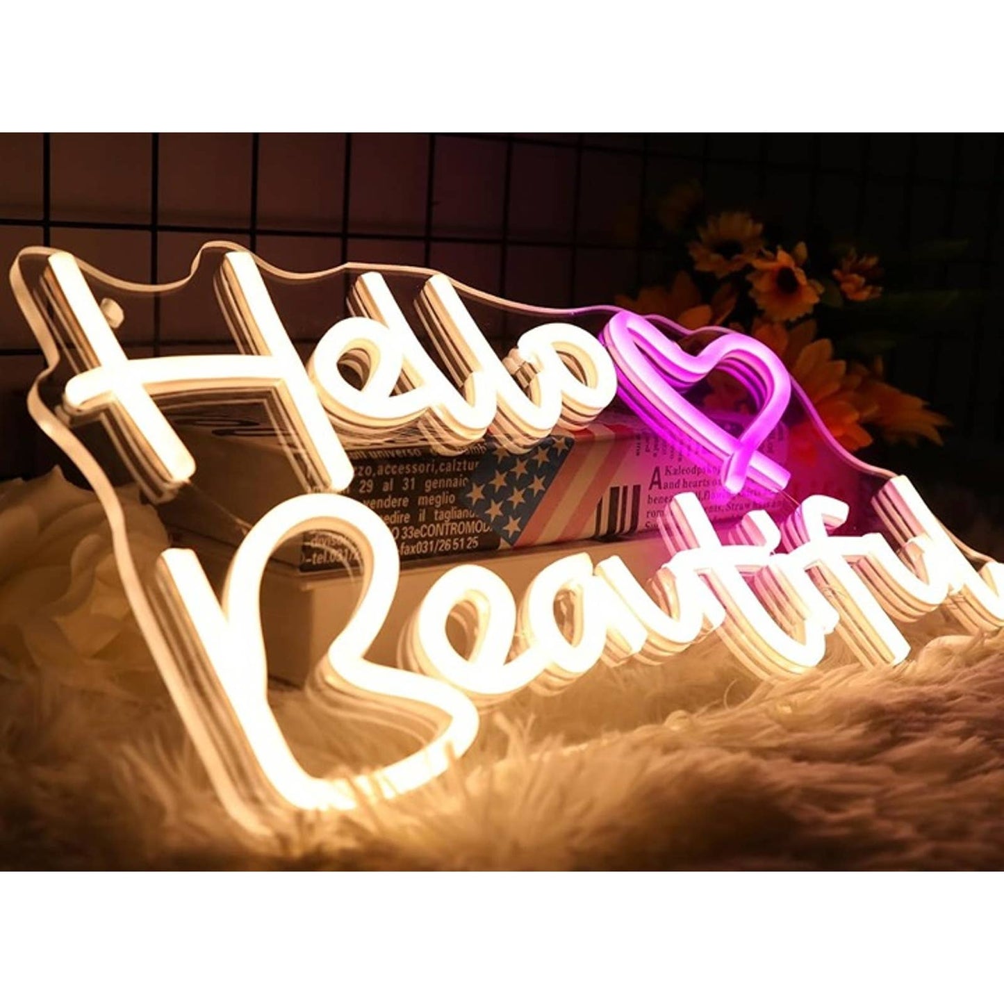 Lovely Bright Pink Heart White “Hello Beautiful” LED Night Light Room Wall Decor