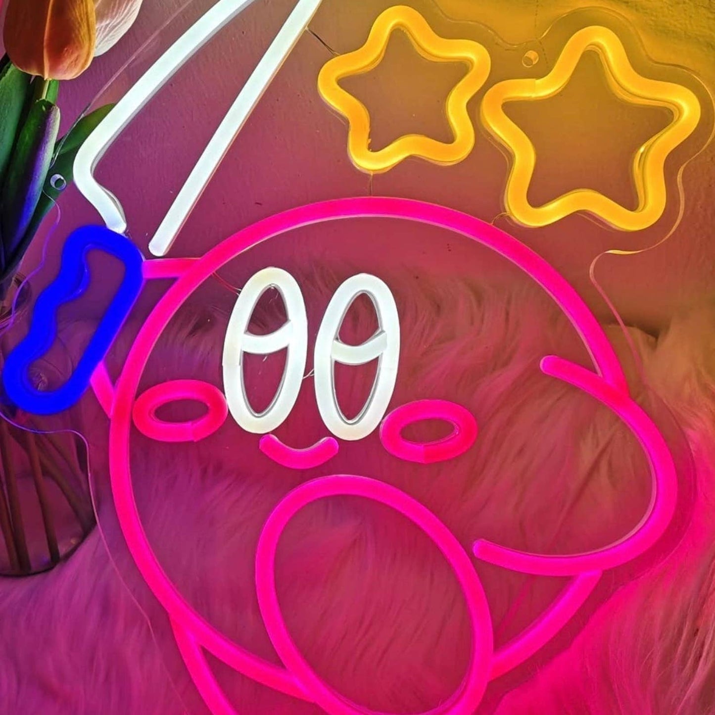 Cute Fun Bright Kirby with Knife Under Stars LED Night Light Video Game Decorati