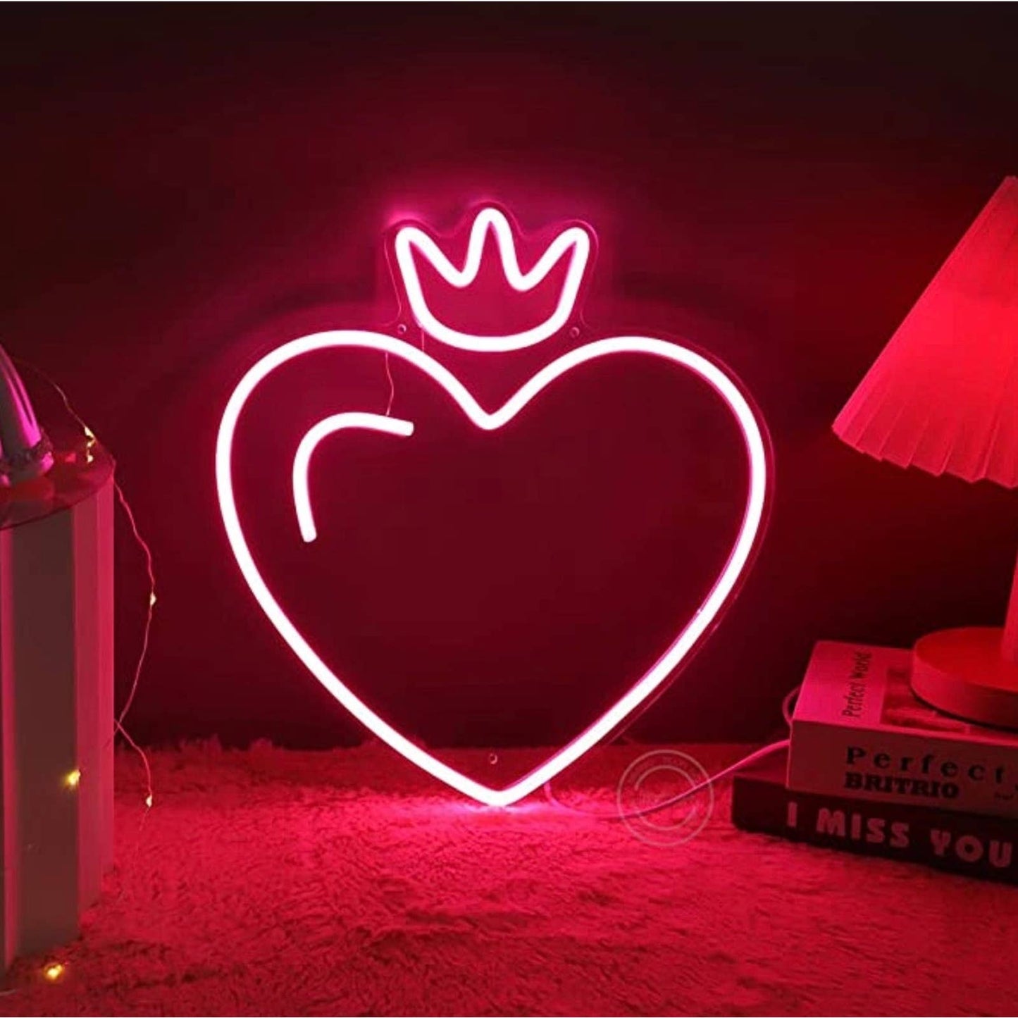 Lovely Vivid Bright Pink Heart Princess Queen Crown LED Night Light Room Wall De