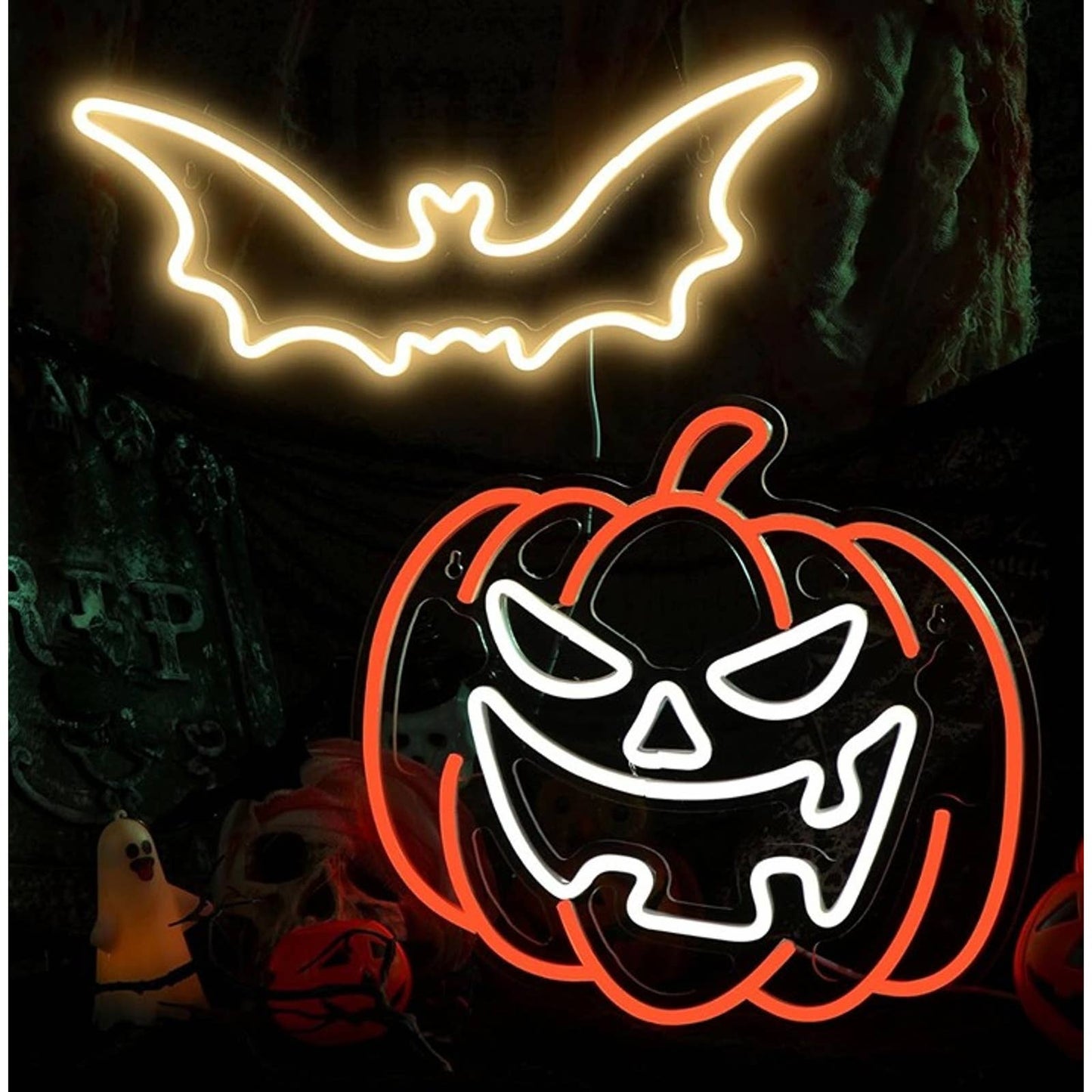 Vivid Bright Spooky Pumpkin & Bat Bundle LED Night Light Halloween Decor