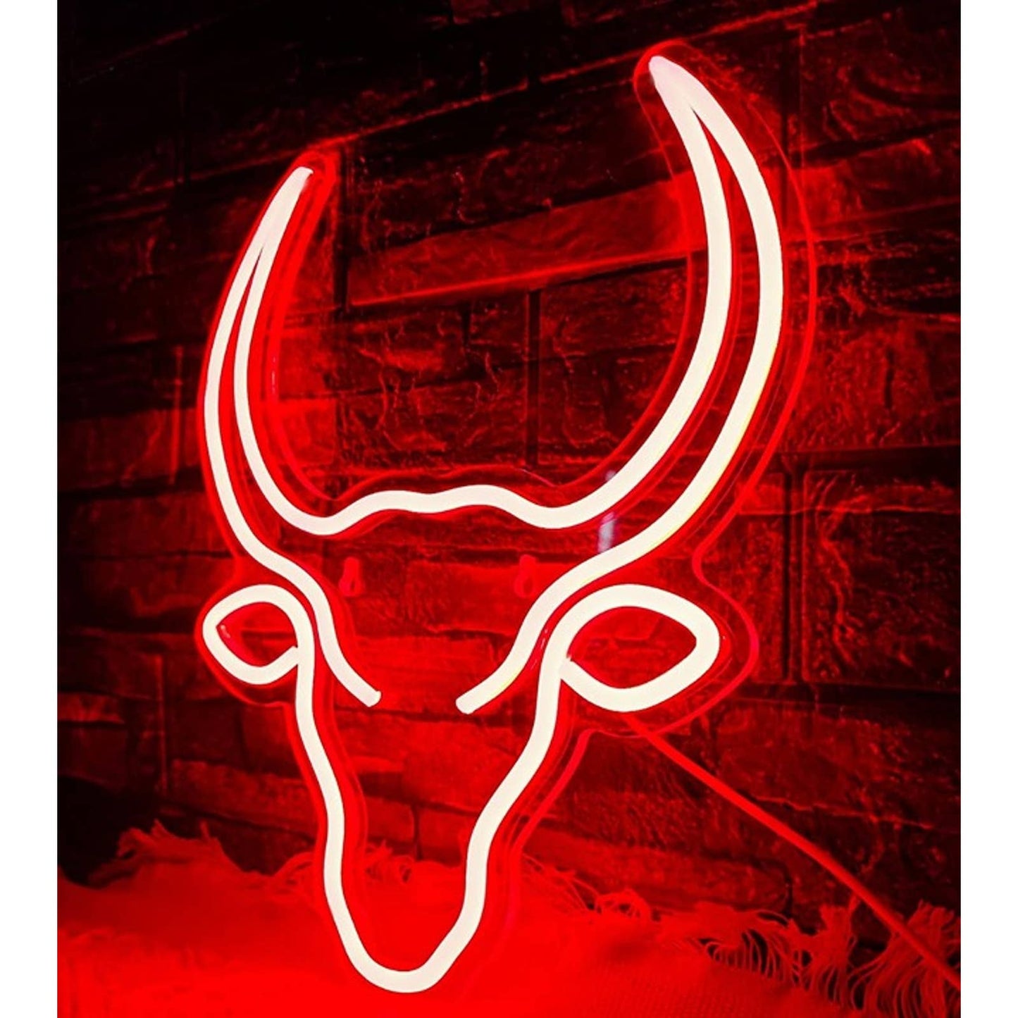 Vivid Bright Red Long Horn Bull Cowboy LED Night Light Southern Wall Decor
