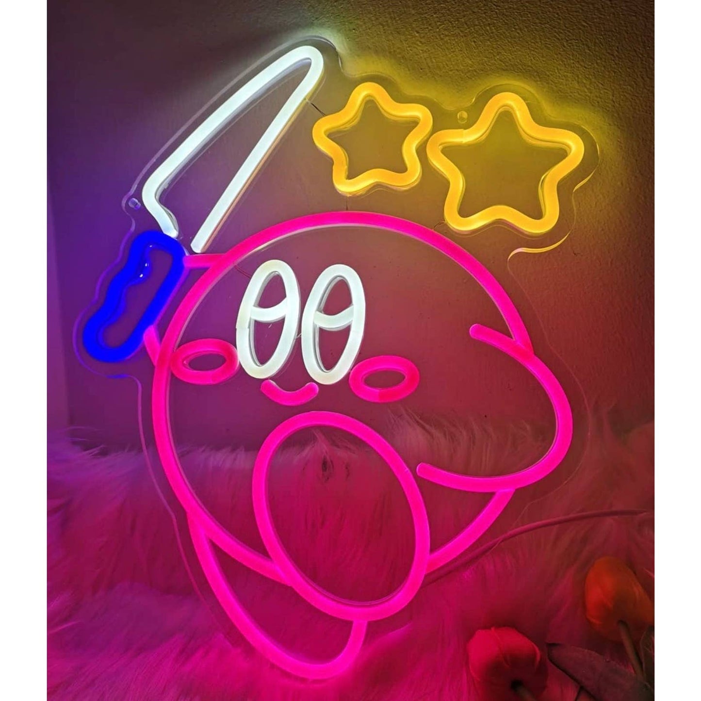 Cute Fun Bright Kirby with Knife Under Stars LED Night Light Video Game Decorati