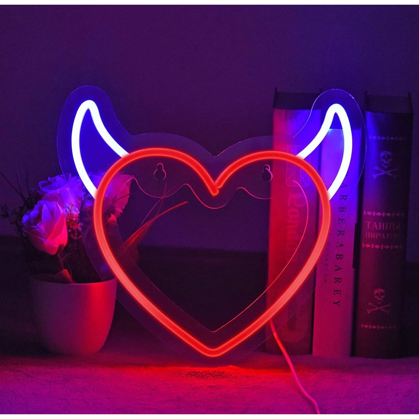 Lovely Bright Red Devil Horn Heart LED Night Light Room Wall Decoration