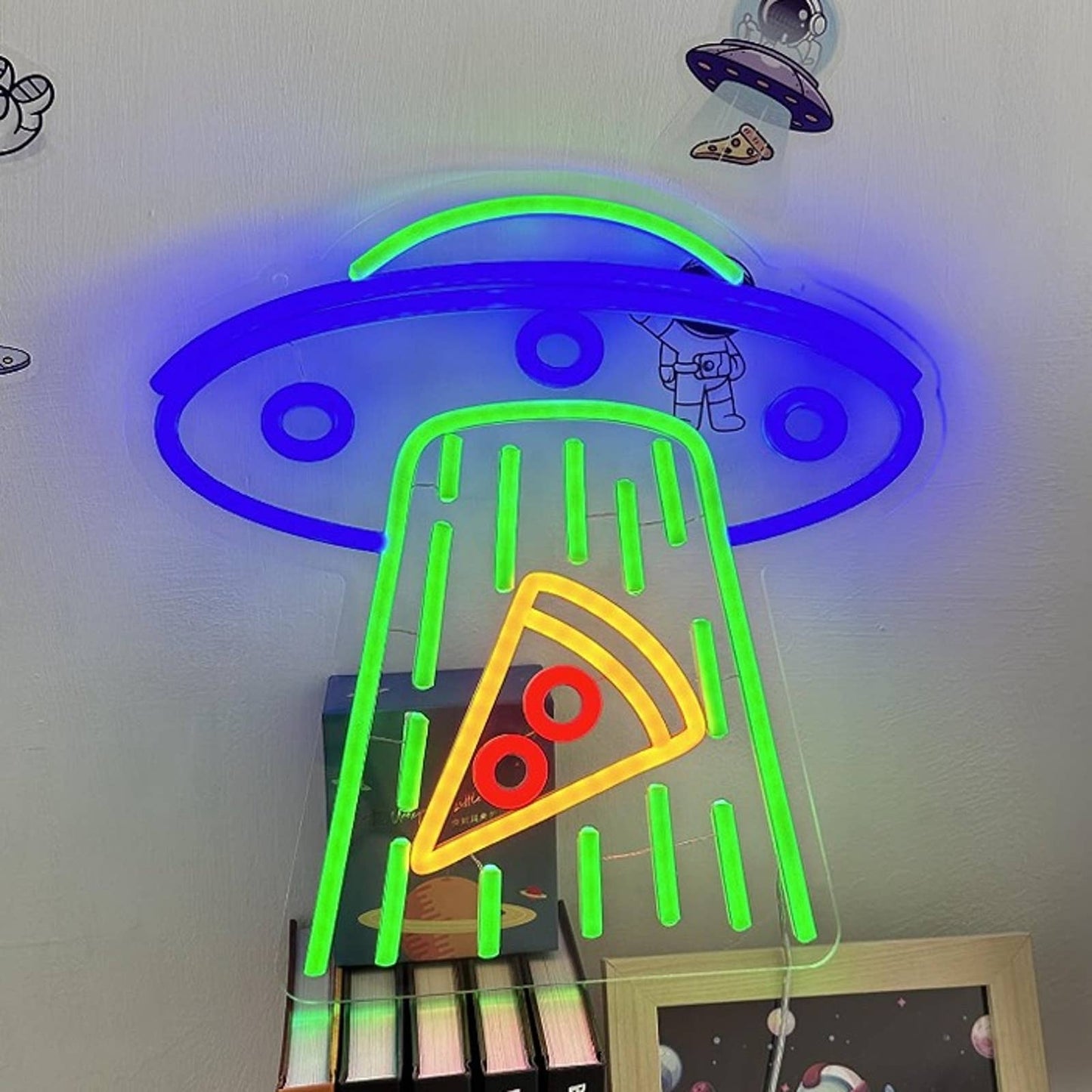 Fun Bright Blue UFO Space Saucer Abducting Pizza Slice Green Ray LED Night Light