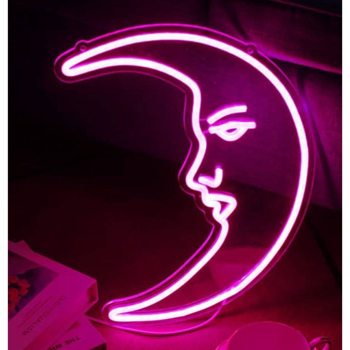 Lovely Bright Pink Moon with a Face LED Night Light Room Wall Decor