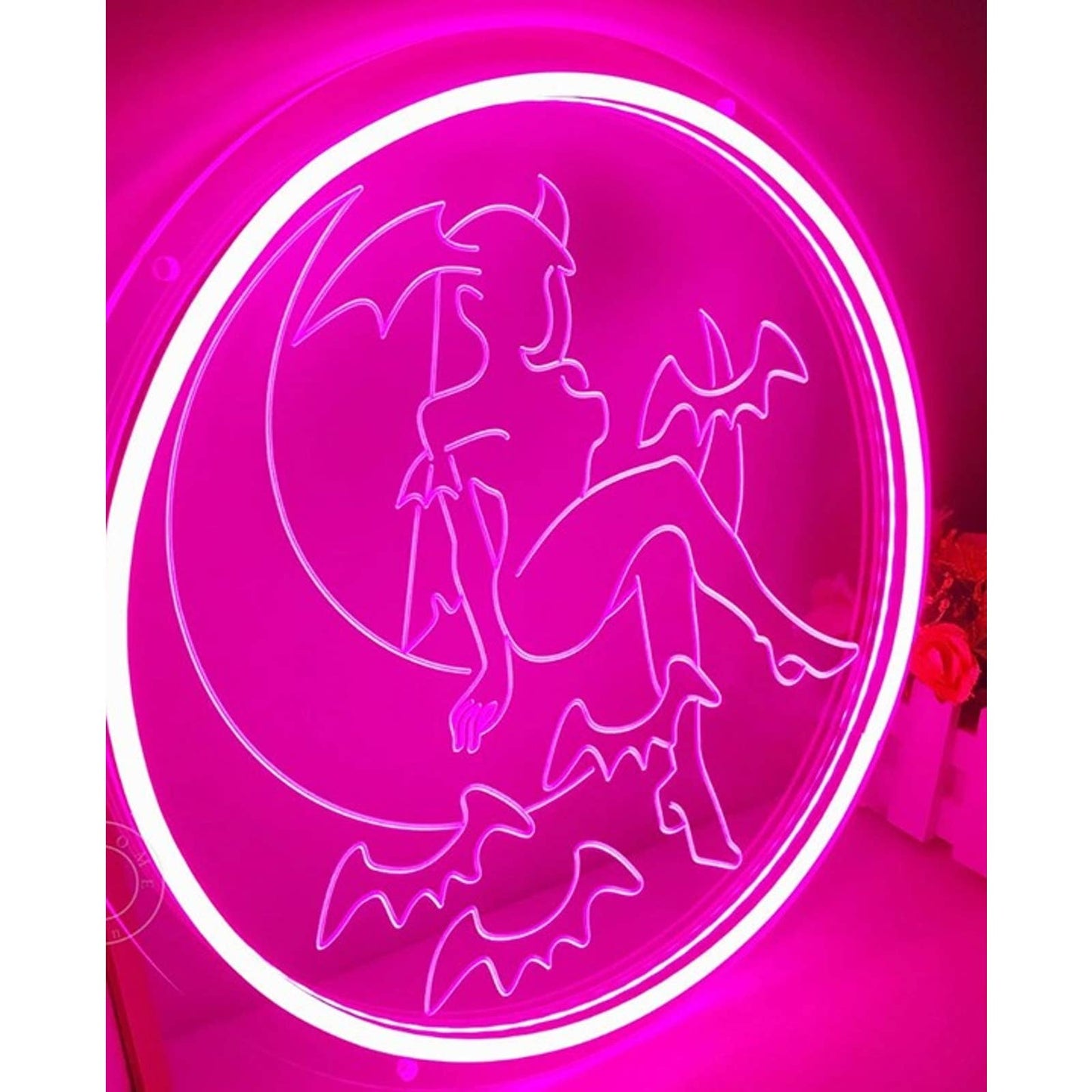 Fun Bright Pink Bat Girl Sitting on Crescent Moon LED Night Light Decor