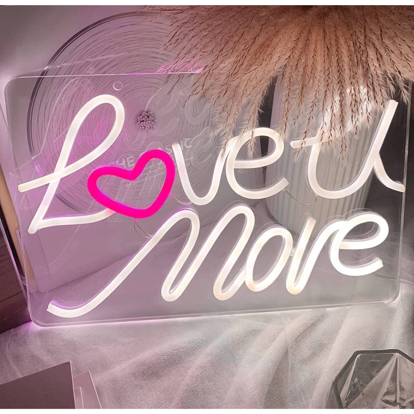 Lovely Bright Warm White “Love U More” Pink Heart LED Night Light Room Wall Deco