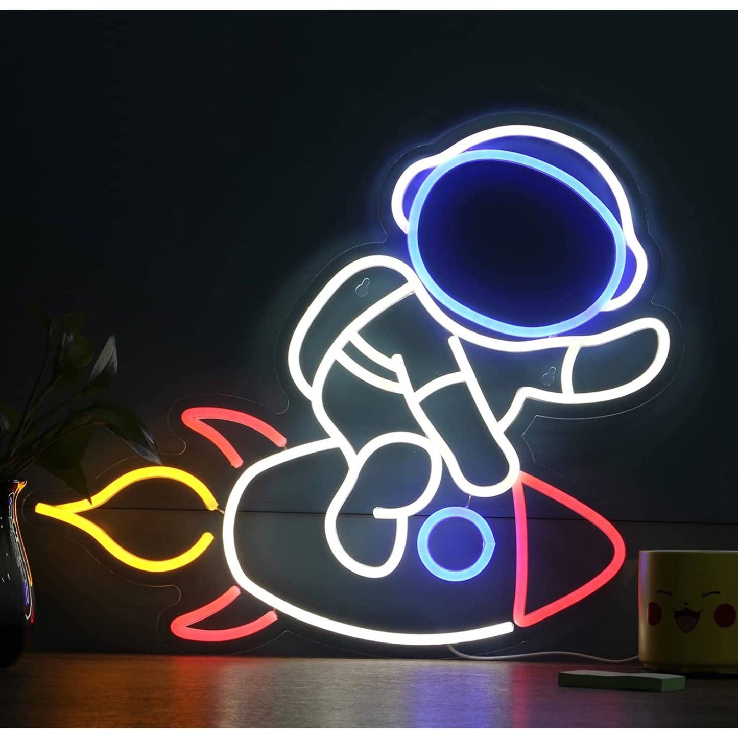 Fun Bright Astronaut Riding a Spaceship Rocket LED Night Light Room Wall Decorat