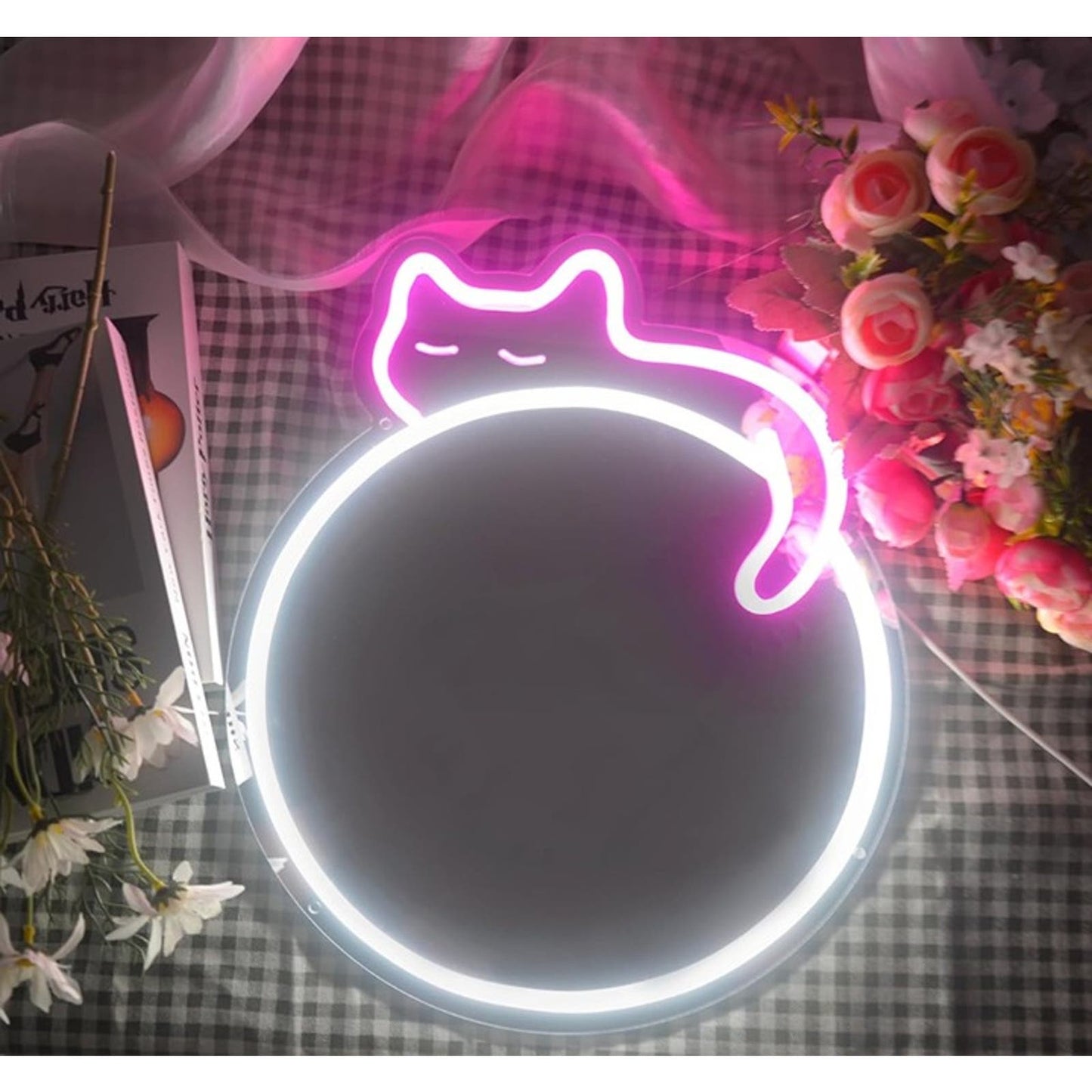 Lovely Bright Pink Kitty Cat Circle Mirror LED Night Light Room Wall Decor