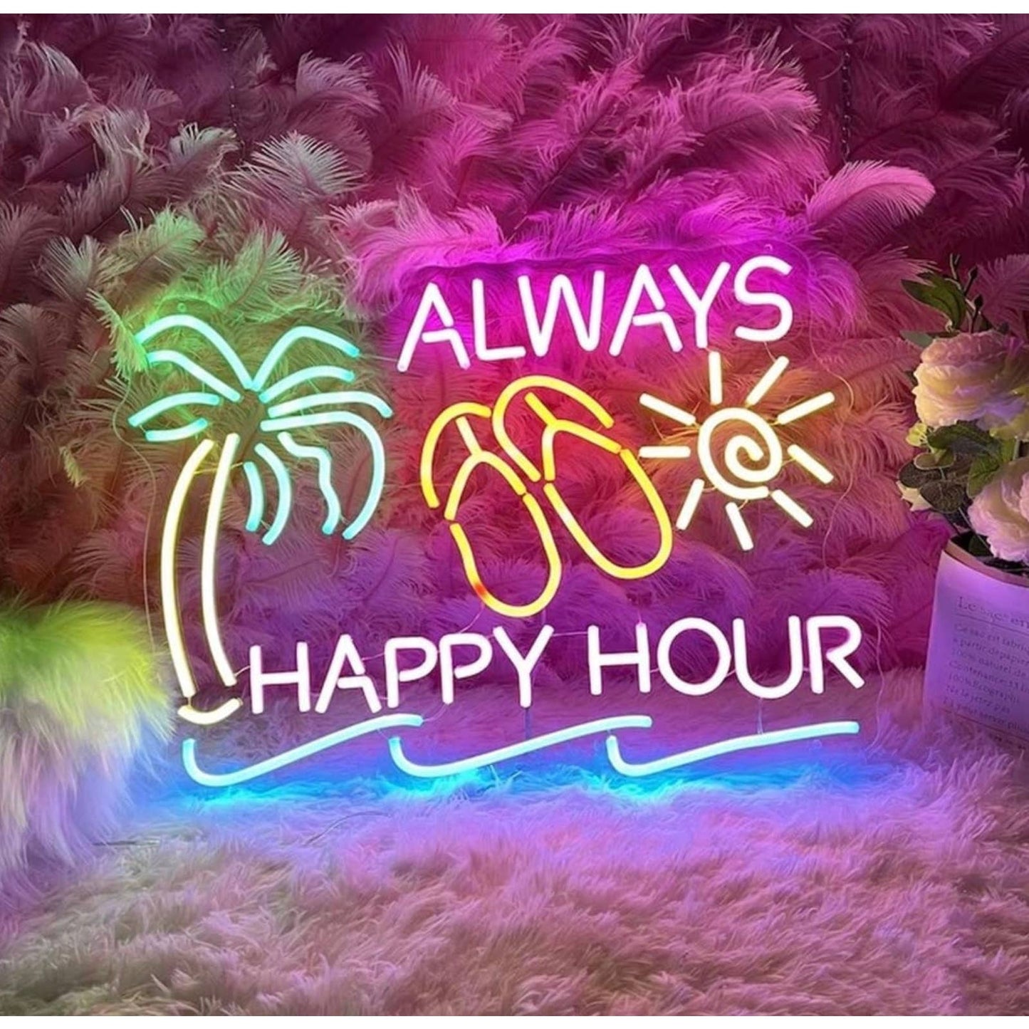 Fun Bright Tropical “Always Happy Hour” LED Bar Night Light Sign Room Wall Decor