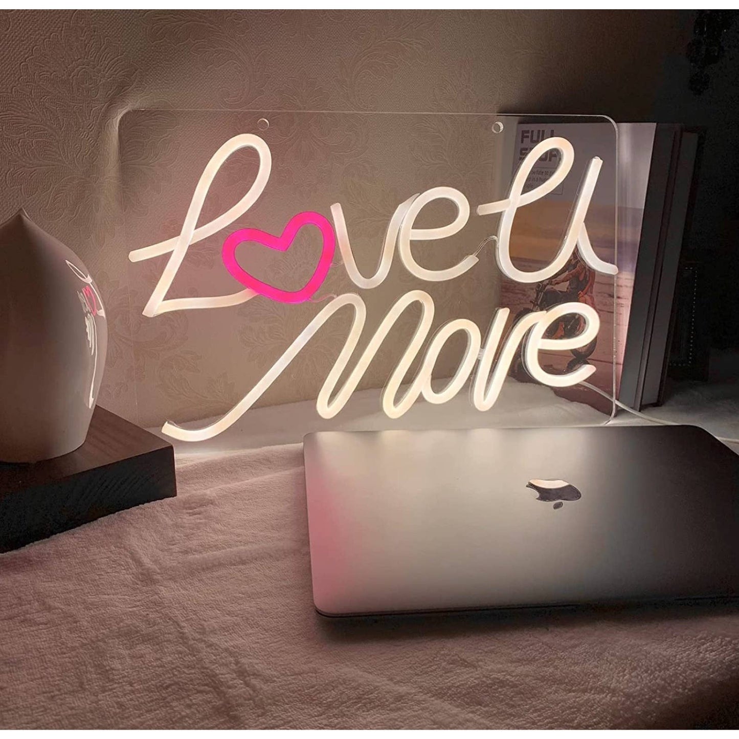 Lovely Bright Warm White “Love U More” Pink Heart LED Night Light Room Wall Deco
