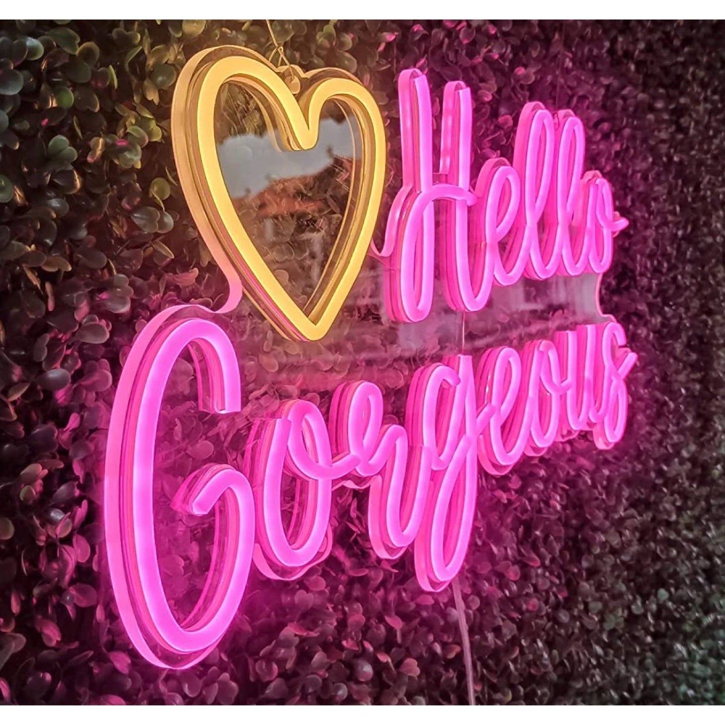 Lovely Bright Pink “Hello Gorgeous” Yellow Heart LED Night Light Room Wall Decor