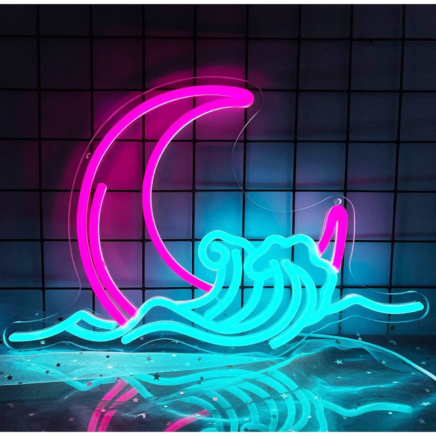 Lovely Bright Pink Crescent Moon in Ocean Waves LED Nigh Light Room Wall Decor