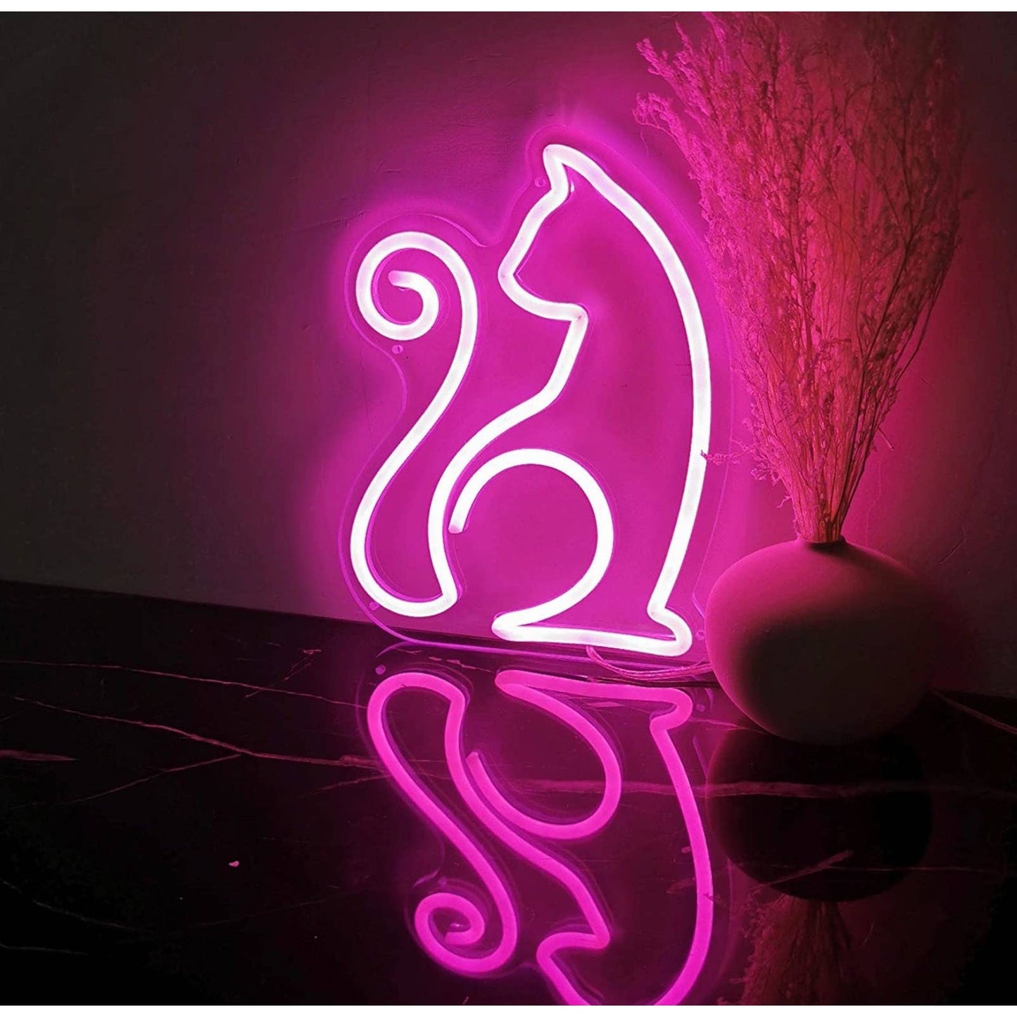 Lovely Vivid Pink Curly Tail Kitty Cat LED Night Light Room Wall Decoration