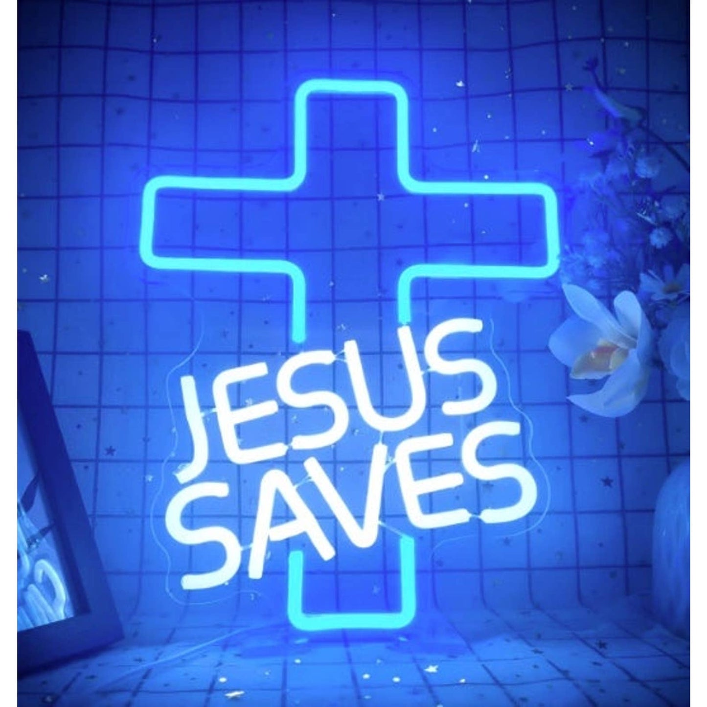 Lovely Bright Blue White Jesus Saves Cross LED Night Light Room Wall Decoration