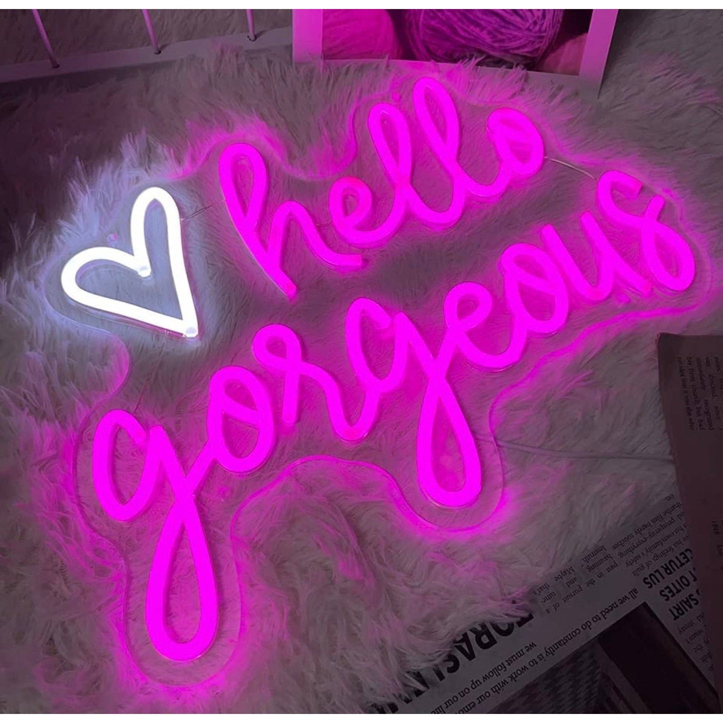 Adorable Bright Hot Pink Hello Gorgeous White Heart LED Night Light Room Wall De