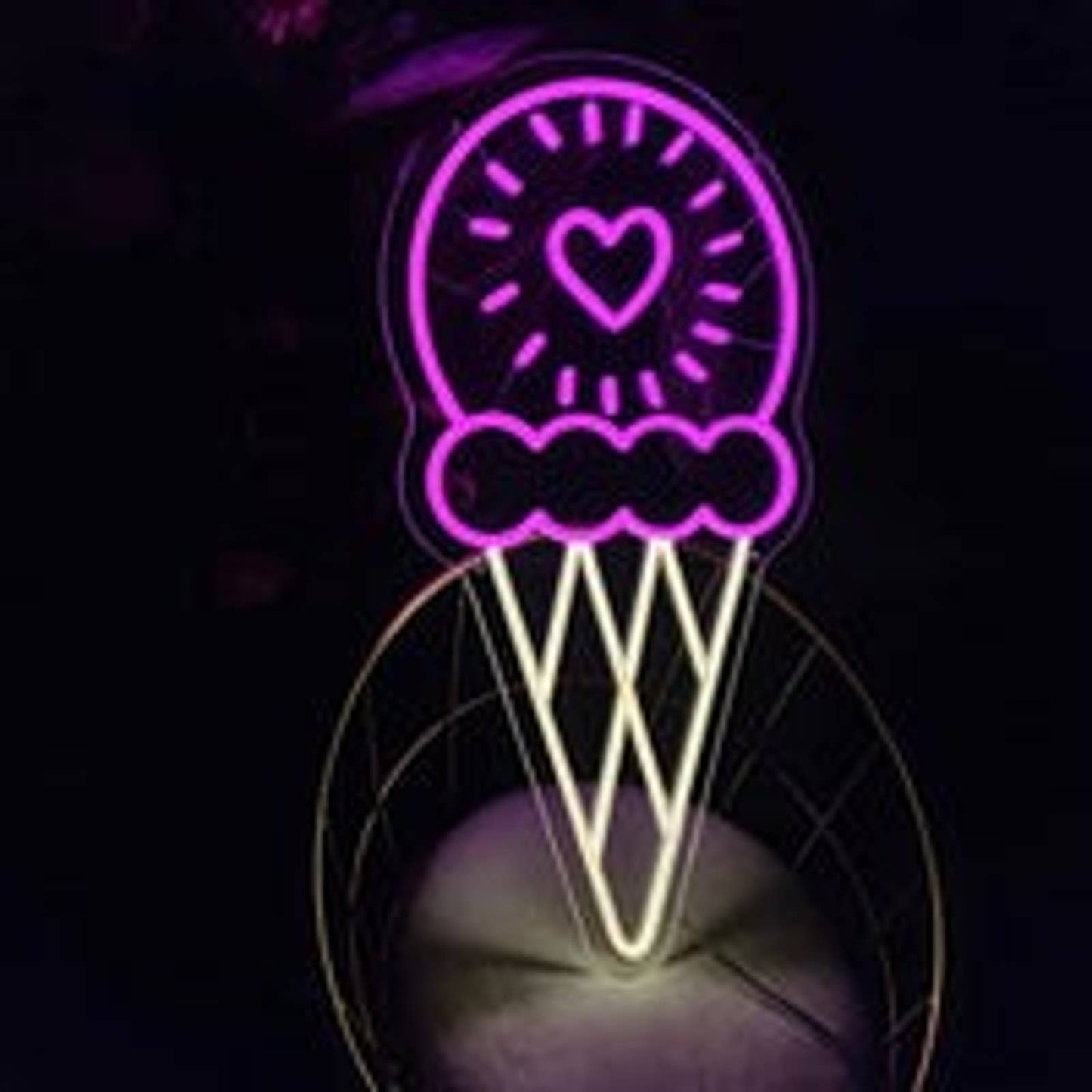 Adorable Bright Pink Ice Cream Cone Heart LED Night Light Room Wall Decoration