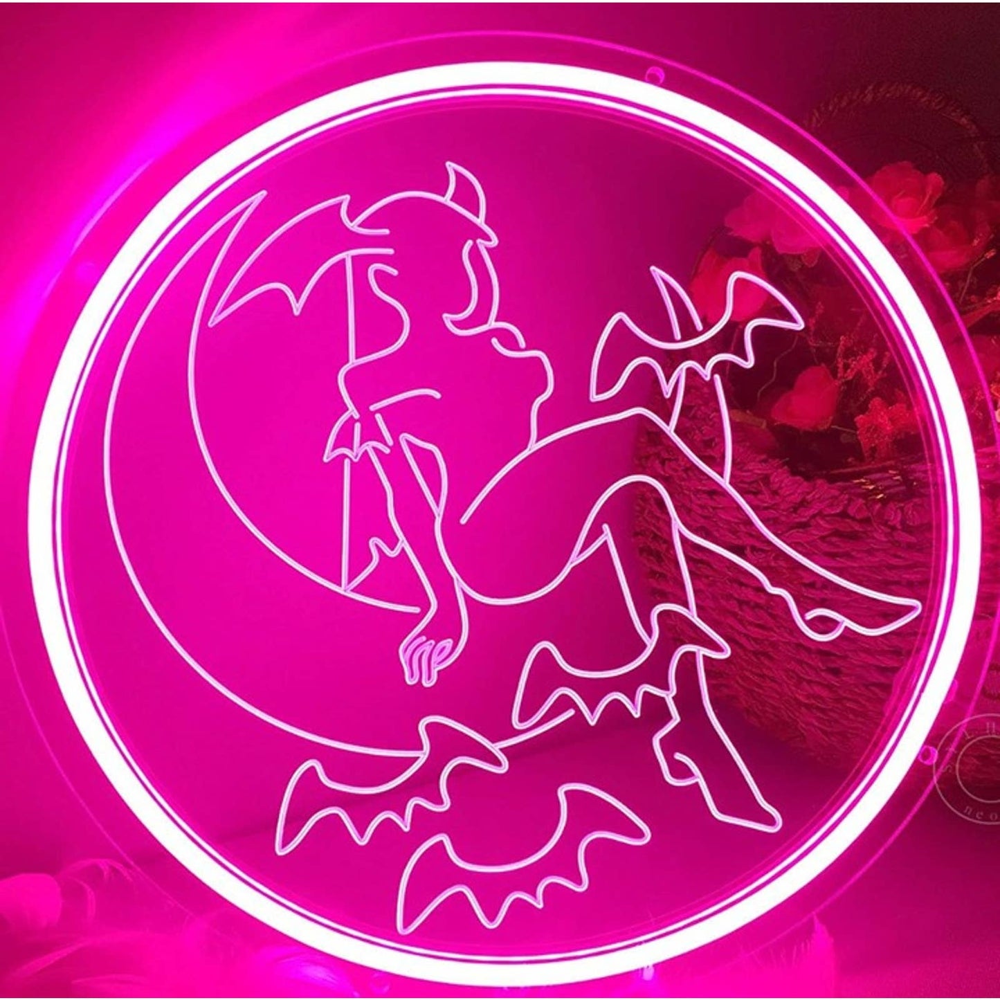 Fun Bright Pink Bat Girl Sitting on Crescent Moon LED Night Light Decor