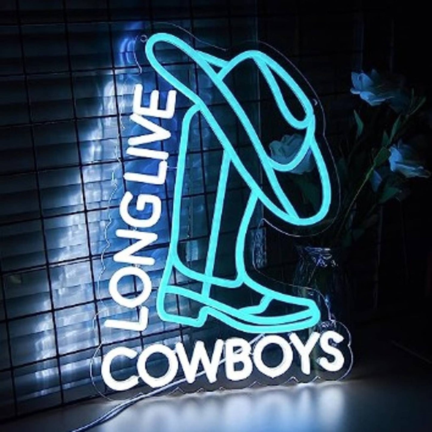 Fun Vivid Bright Blue Long Live Cowboys Boot & Hat LED Night Light Country Sign
