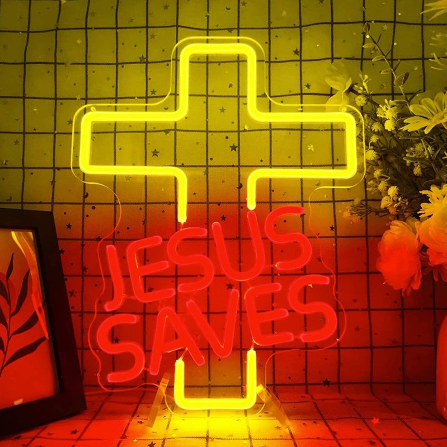 Vivid Bright Yellow / Red Jesus Saves Cross LED Night Light Christian Decoration