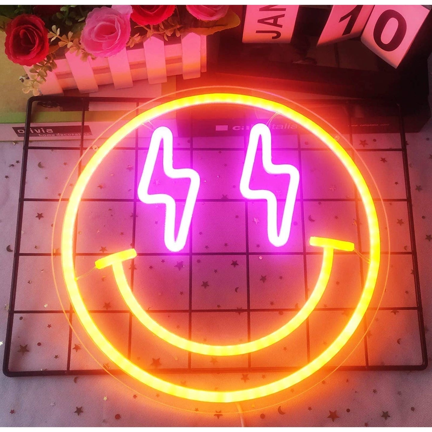 Lovely Bright Yellow Pink Lightning Bolt Eyes Smiley Face LED Night Light Decor