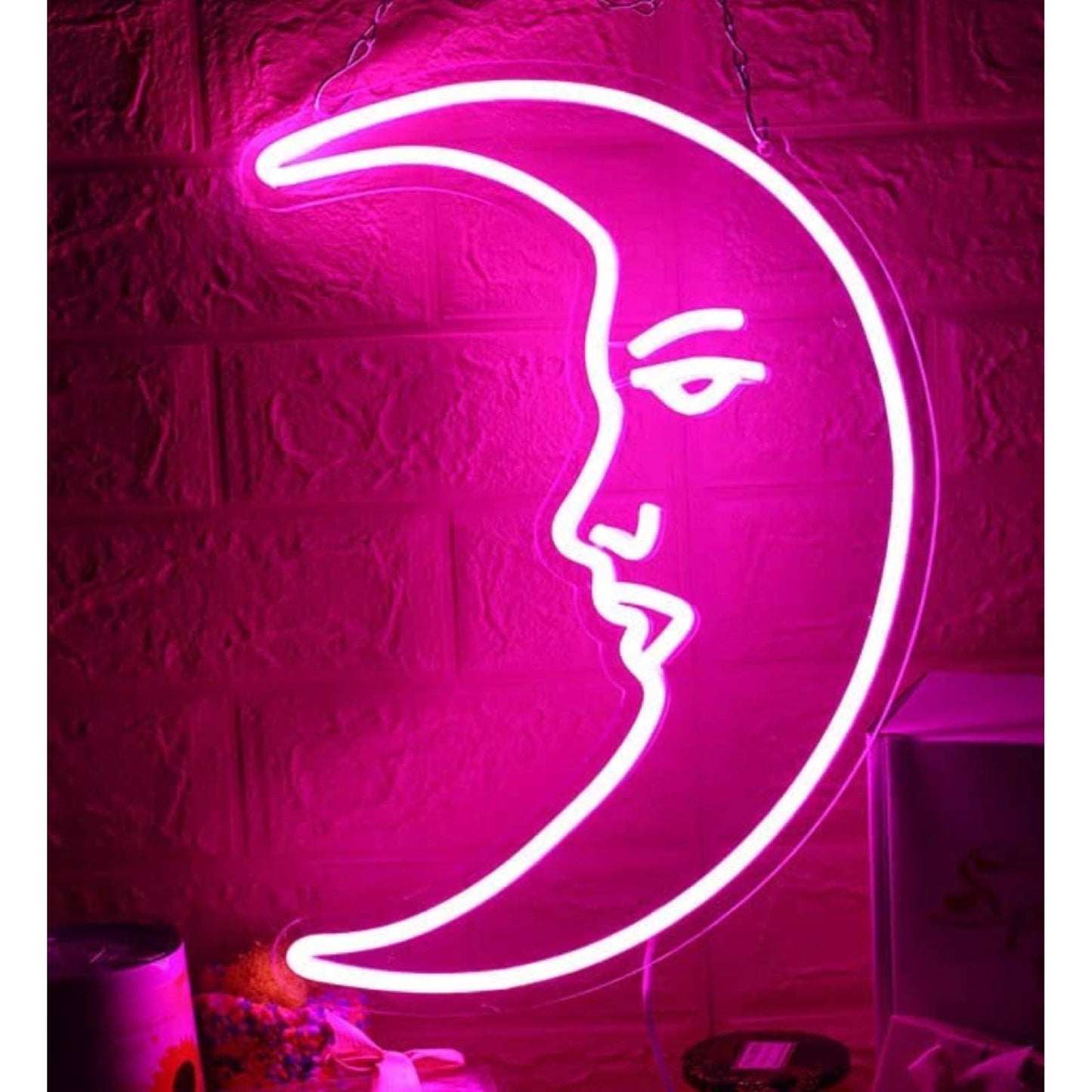 Lovely Bright Pink Moon with a Face LED Night Light Room Wall Decor